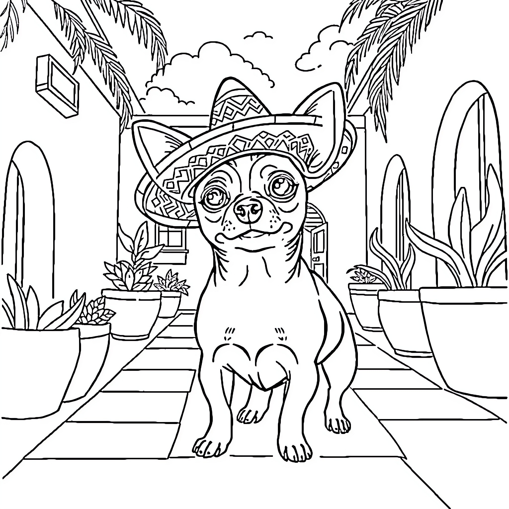 Chihuahua wearing sombrero in tropical scene Coloring Page (free black-and-white line drawing printable PDF for all, from beginners to advanced learners, including children, teens, adults, and seniors)