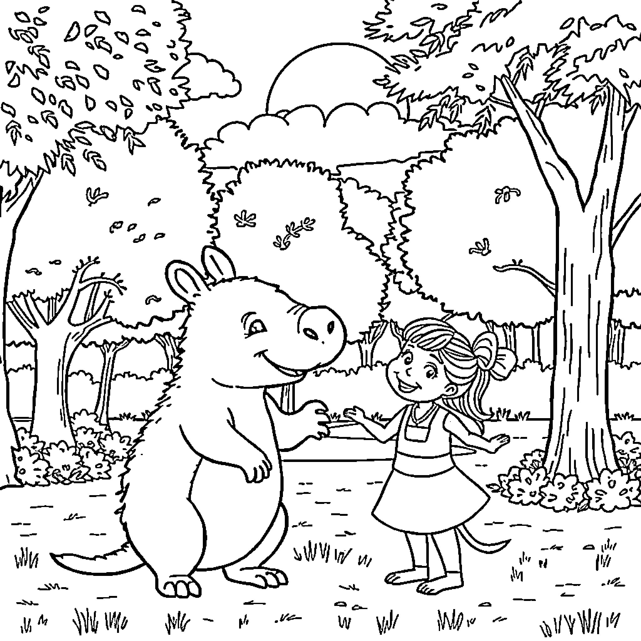 Capybara and girl playing together in the forest Coloring Page (free black-and-white line drawing printable PDF for all, from beginners to advanced learners, including children, teens, adults, and seniors)