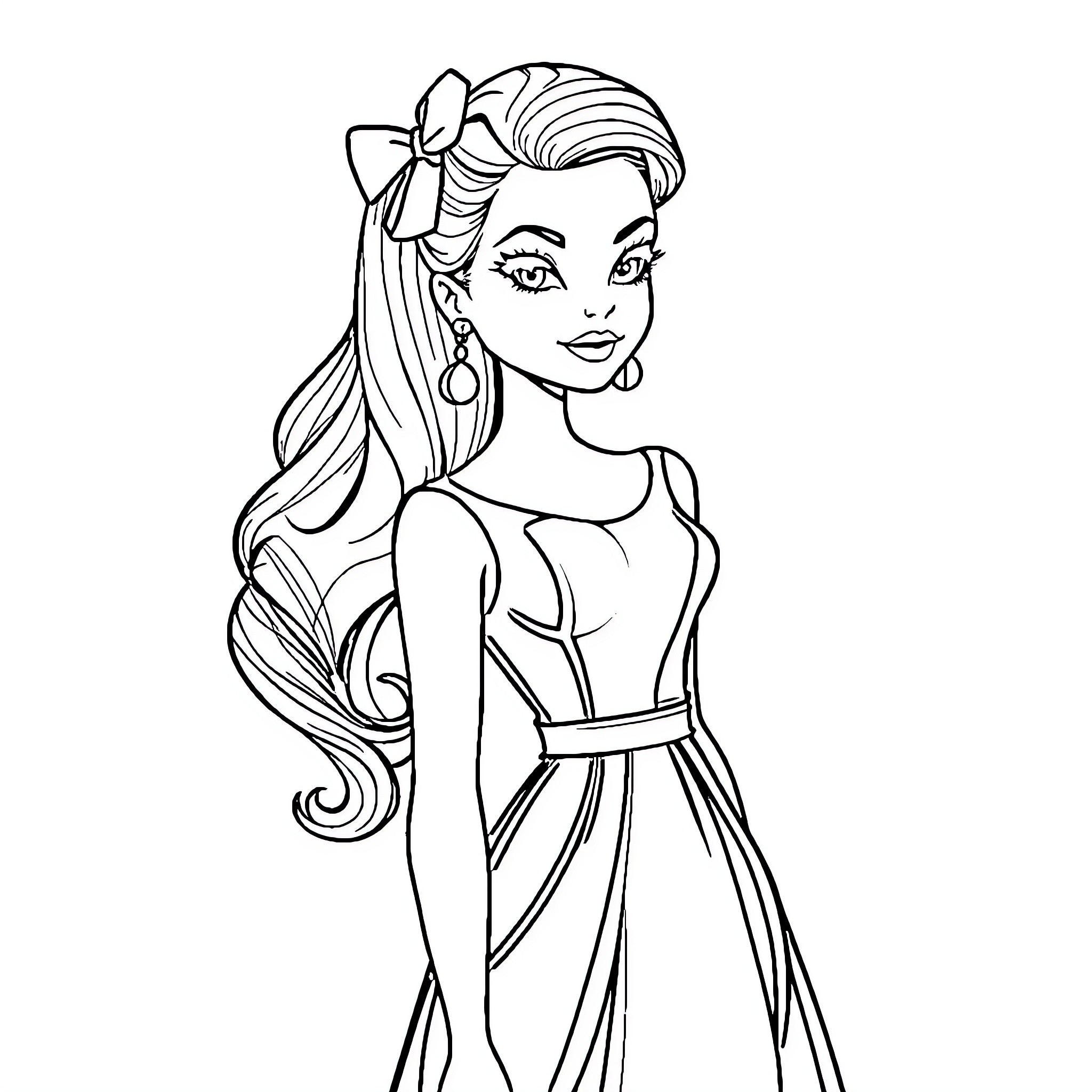 Barbi in elegant attire with long, flowing hair Coloring Page (free black-and-white line drawing printable PDF for all, from beginners to advanced learners, including children, teens, adults, and seniors)