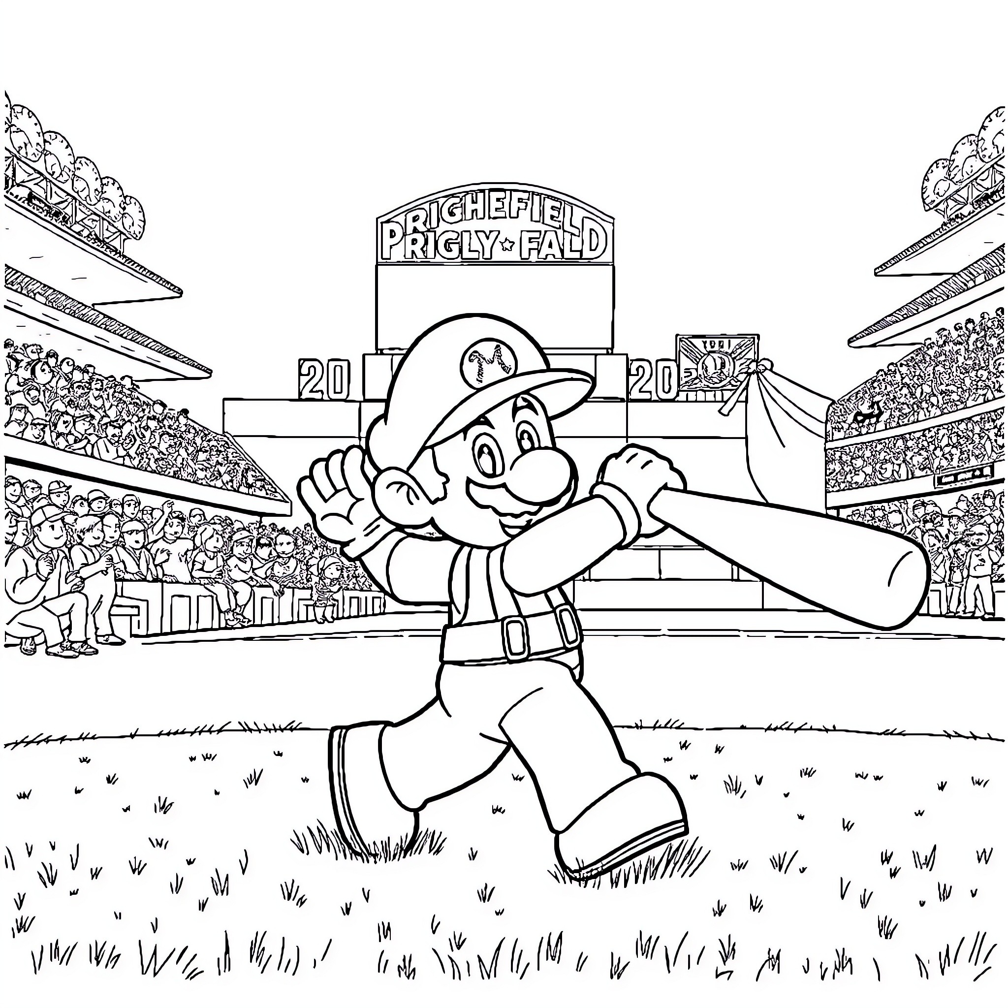 Mario celebrating victory in a sports stadium Coloring Page (free black-and-white line drawing printable PDF for all, from beginners to advanced learners, including children, teens, adults, and seniors)
