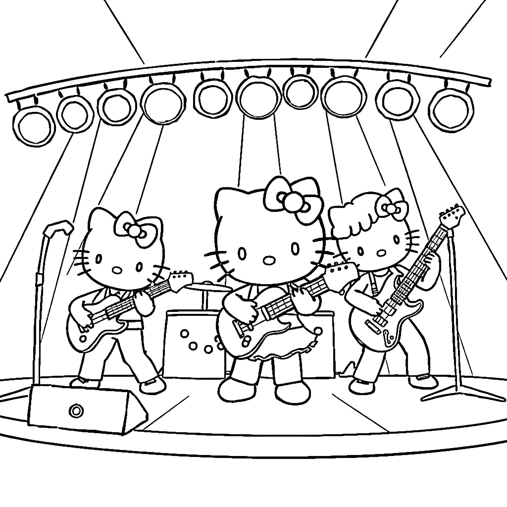 Hello Kitty Band Performing on Stage Coloring Page (free black-and-white line drawing printable PDF for all, from beginners to advanced learners, including children, teens, adults, and seniors)