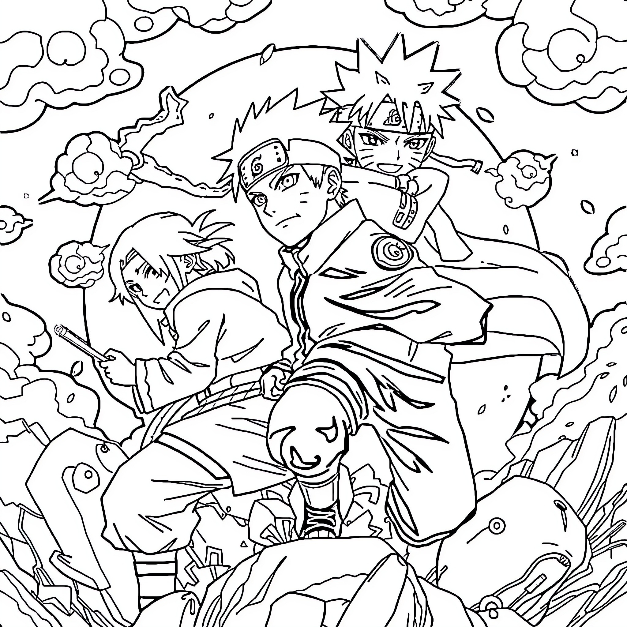 Naruto characters in an intense scene Coloring Page (free black-and-white line drawing printable PDF for all, from beginners to advanced learners, including children, teens, adults, and seniors)