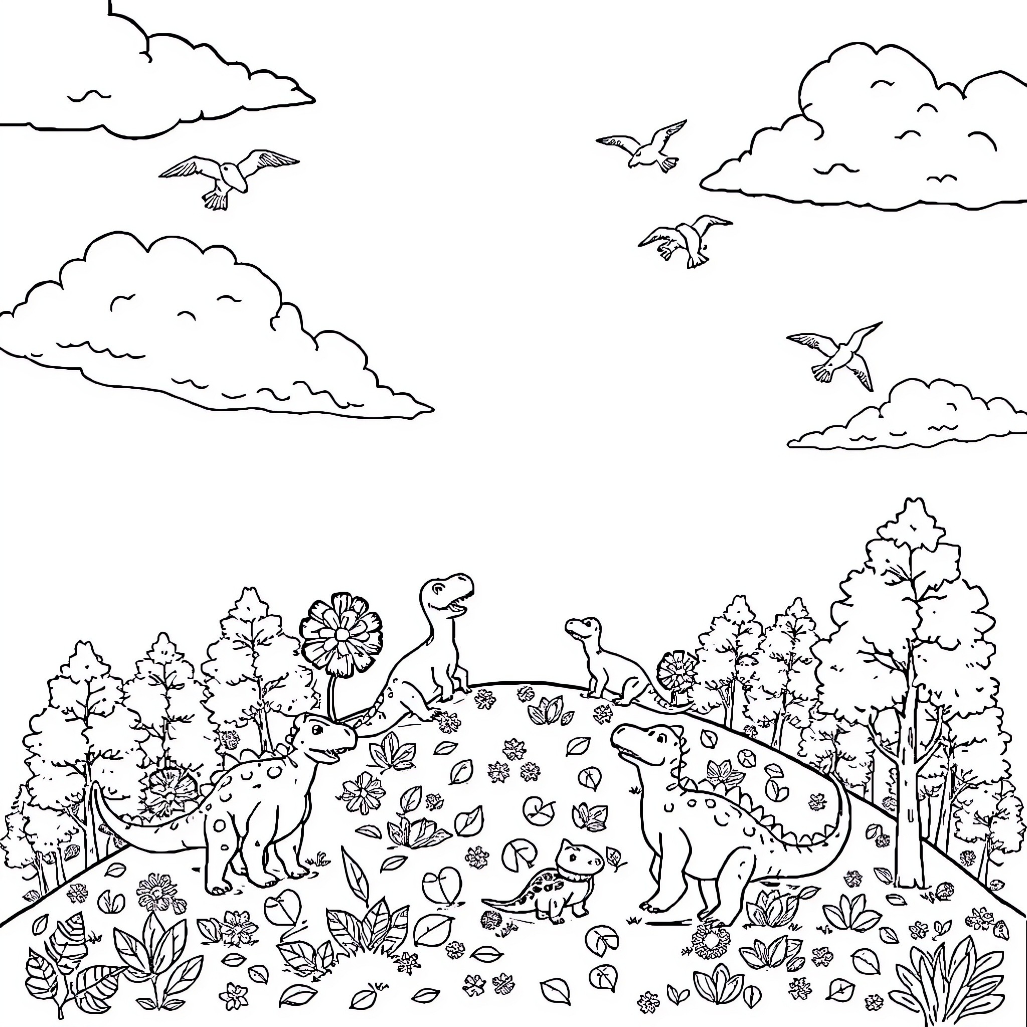 Dinosaurs roaming through the forest Coloring Page (free black-and-white line drawing printable PDF for all, from beginners to advanced learners, including children, teens, adults, and seniors)