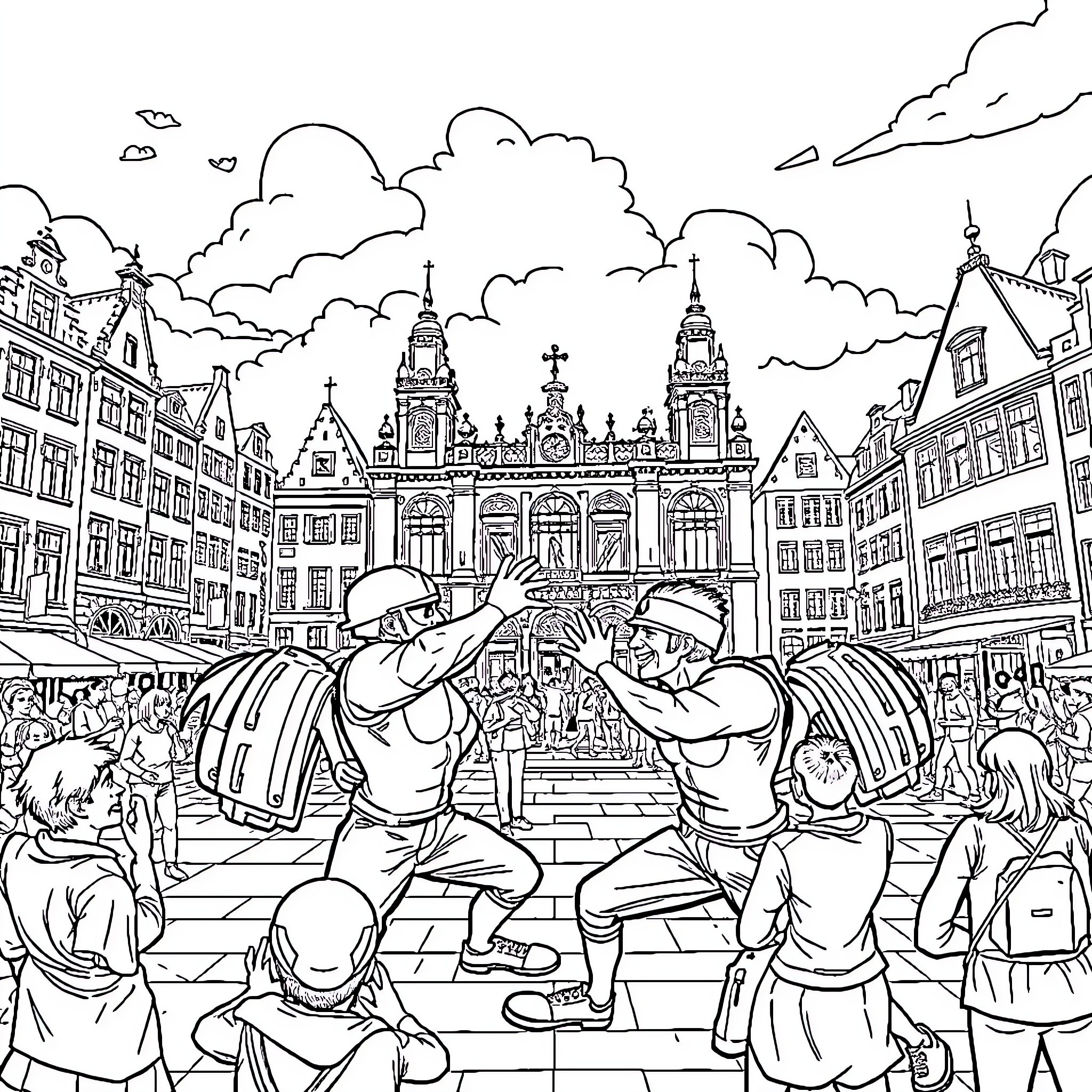 Brawlstars: Intense Battle in Historic City Square Coloring Page (free black-and-white line drawing printable PDF for all, from beginners to advanced learners, including children, teens, adults, and seniors)