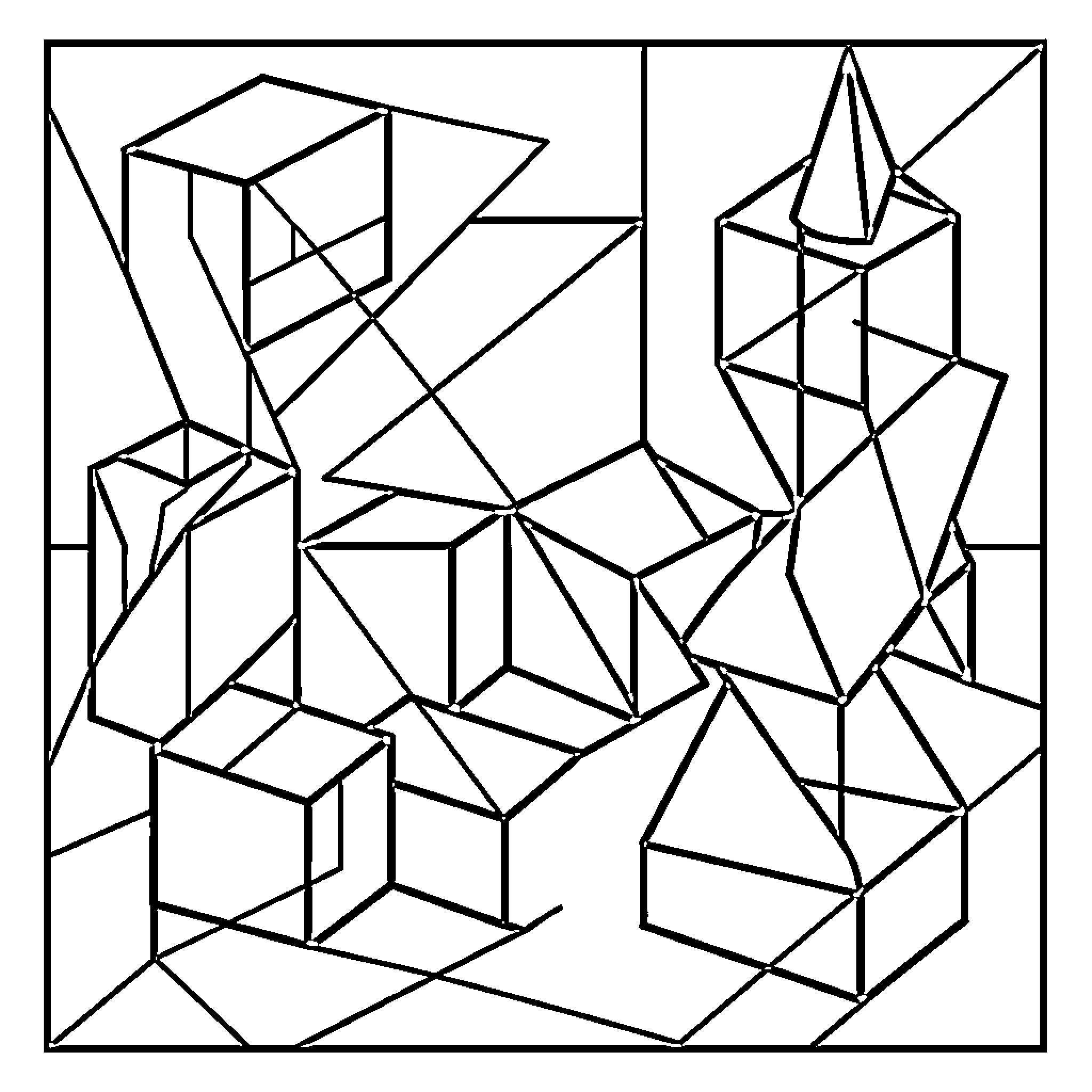 Cubism featuring an arrangement of interlocking geometric shapes Coloring Page (free black-and-white line drawing printable PDF for all, from beginners to advanced learners, including children, teens, adults, and seniors)