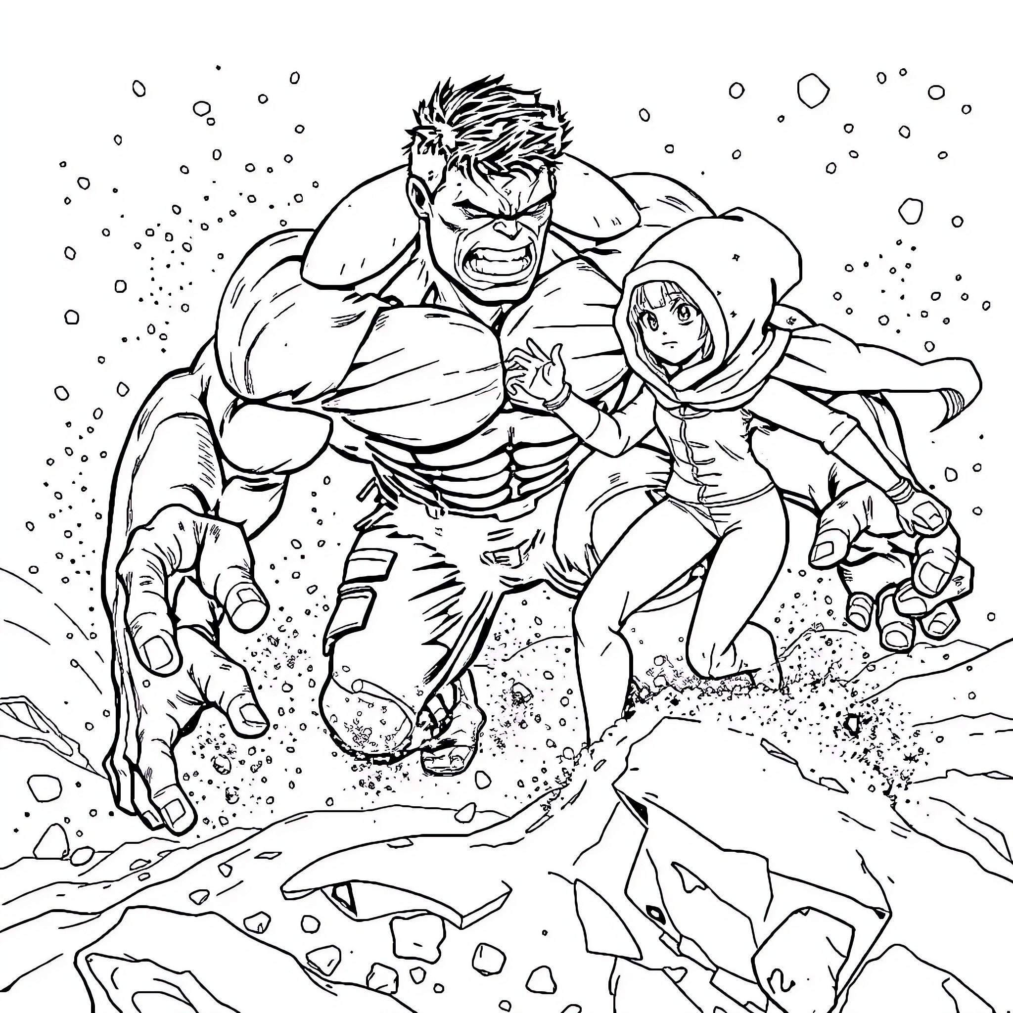 Hulk rushing through the snowy wilderness with companion Coloring Page (free black-and-white line drawing printable PDF for all, from beginners to advanced learners, including children, teens, adults, and seniors)