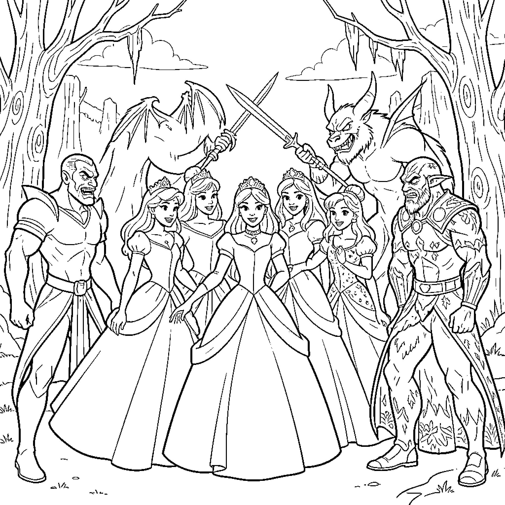 Disney Princesses standing bravely with mythical creatures Coloring Page (free black-and-white line drawing printable PDF for all, from beginners to advanced learners, including children, teens, adults, and seniors)