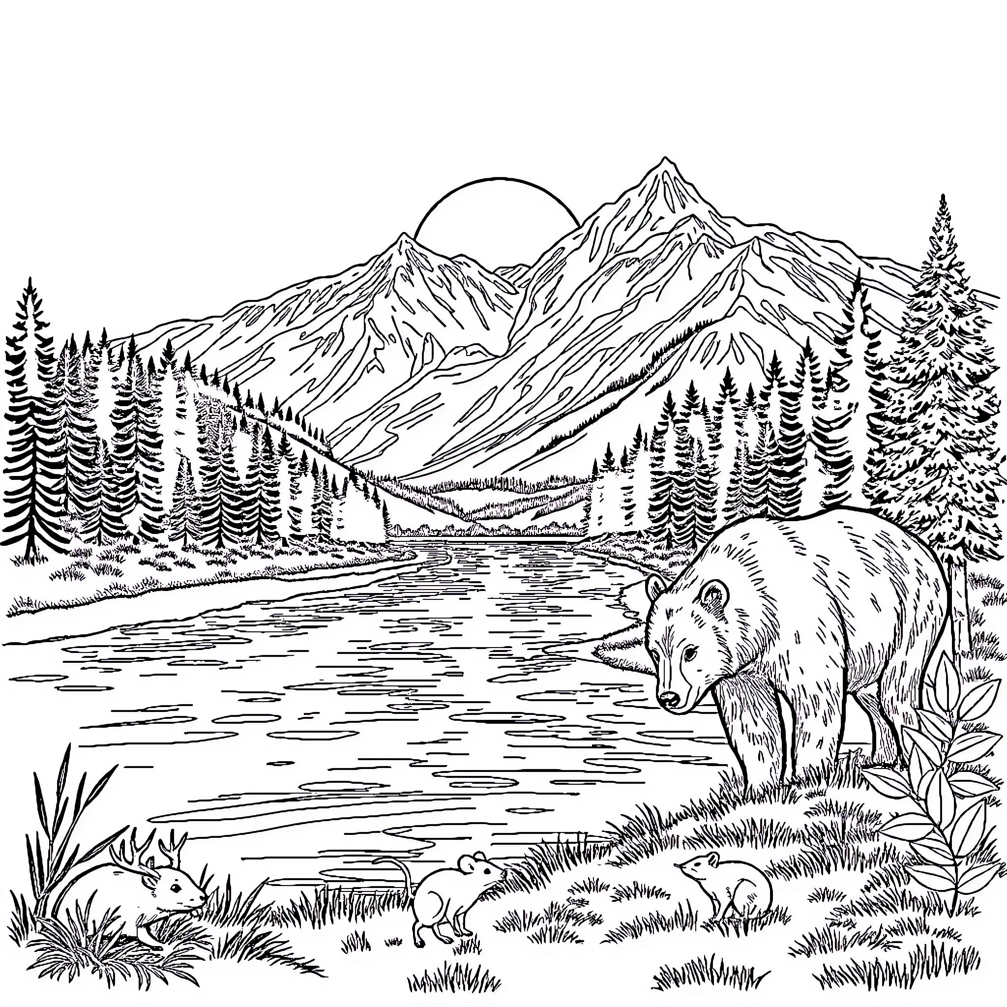 Mountain Wilderness with Bear by River Coloring Page (free black-and-white line drawing printable PDF for all, from beginners to advanced learners, including children, teens, adults, and seniors)