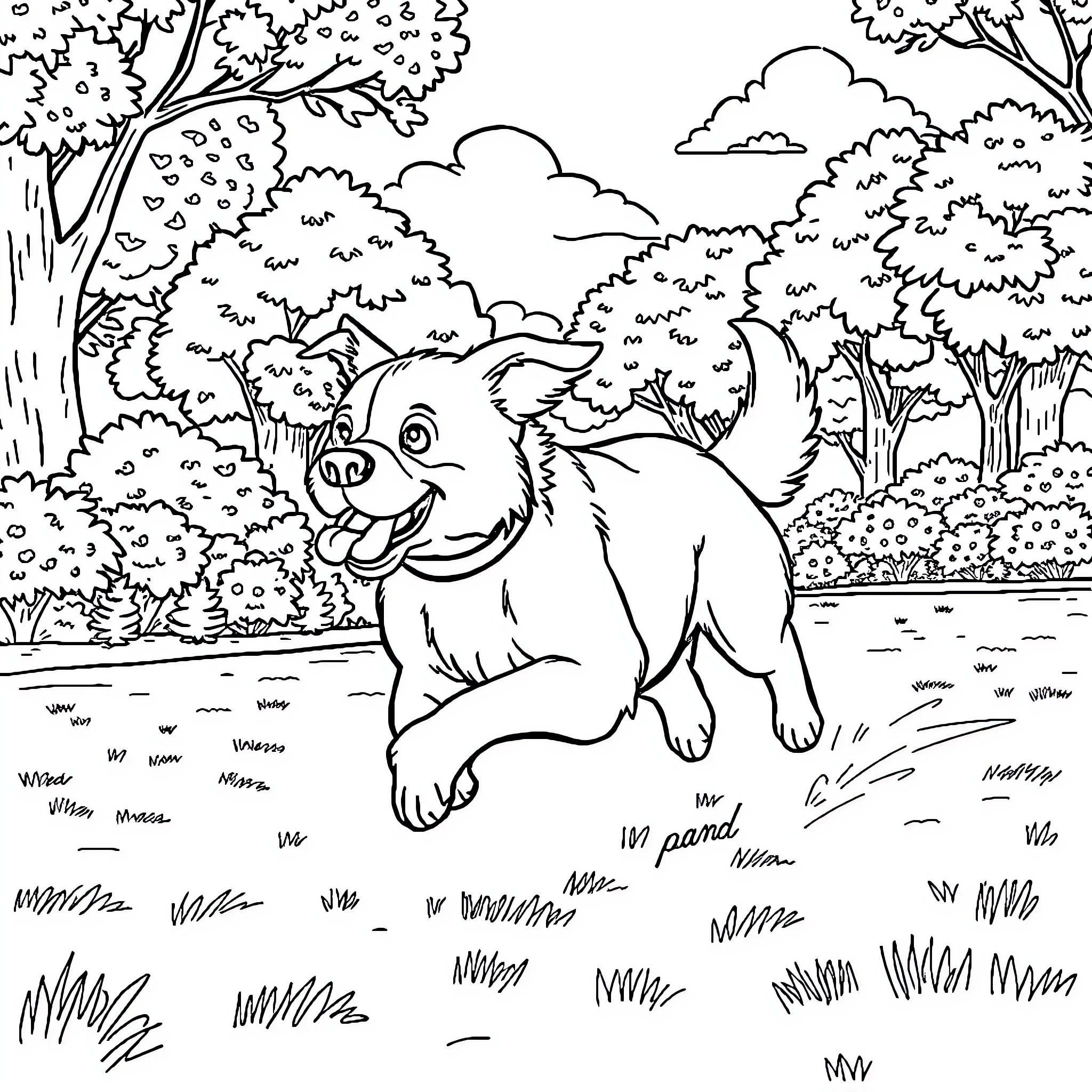 Dog playing in a lively forest landscape Coloring Page (free black-and-white line drawing printable PDF for all, from beginners to advanced learners, including children, teens, adults, and seniors)