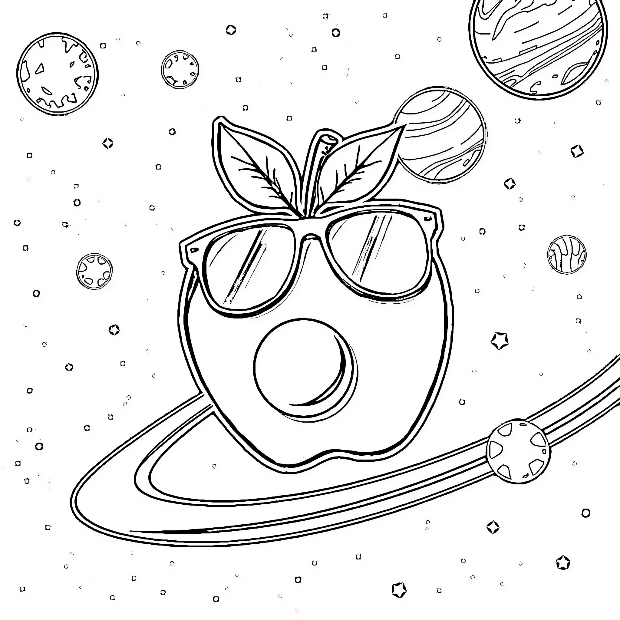 Apple with Glasses Floating in Space Coloring Page (free black-and-white line drawing printable PDF for all, from beginners to advanced learners, including children, teens, adults, and seniors)