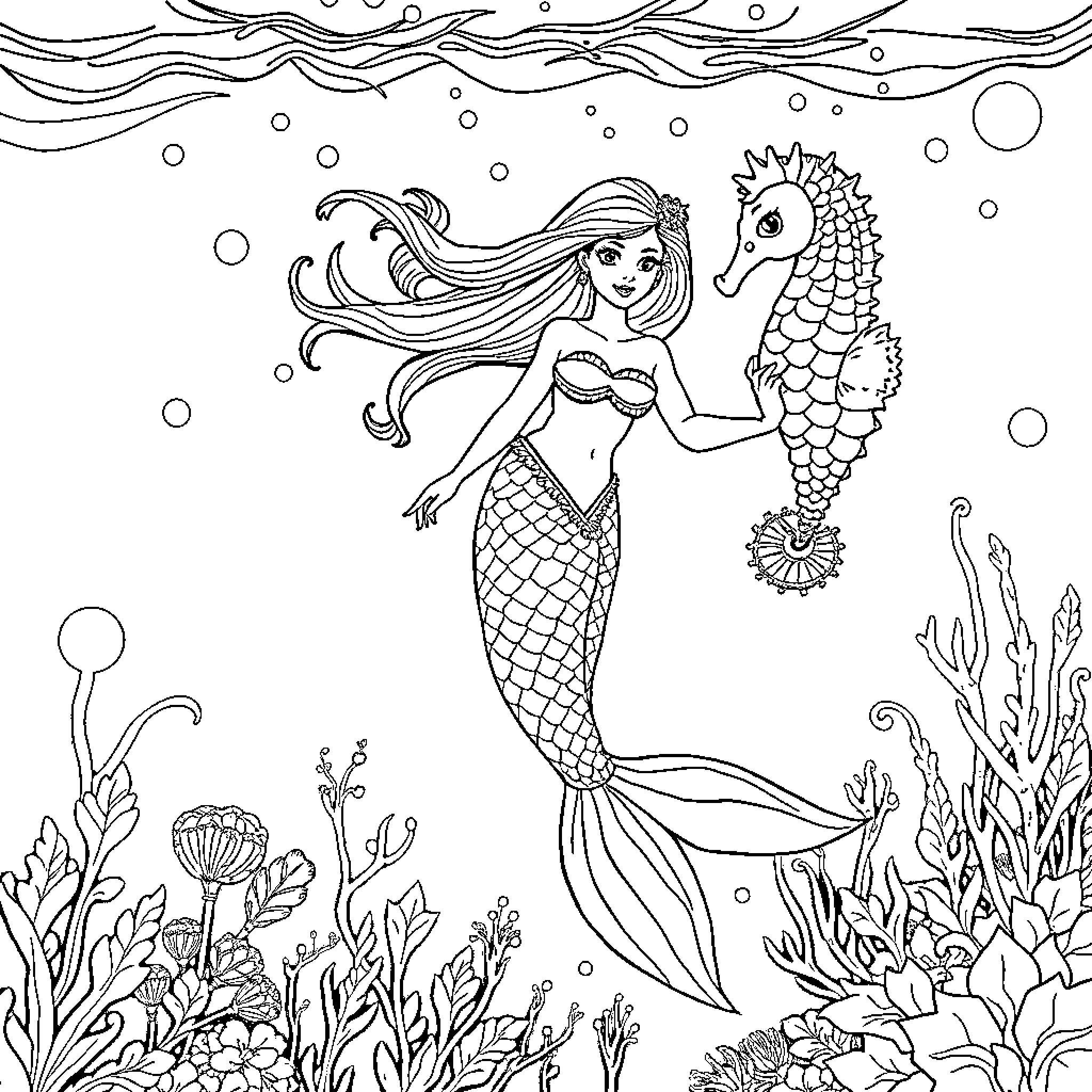Mermaid swimming with seahorse in the ocean Coloring Page (free black-and-white line drawing printable PDF for all, from beginners to advanced learners, including children, teens, adults, and seniors)