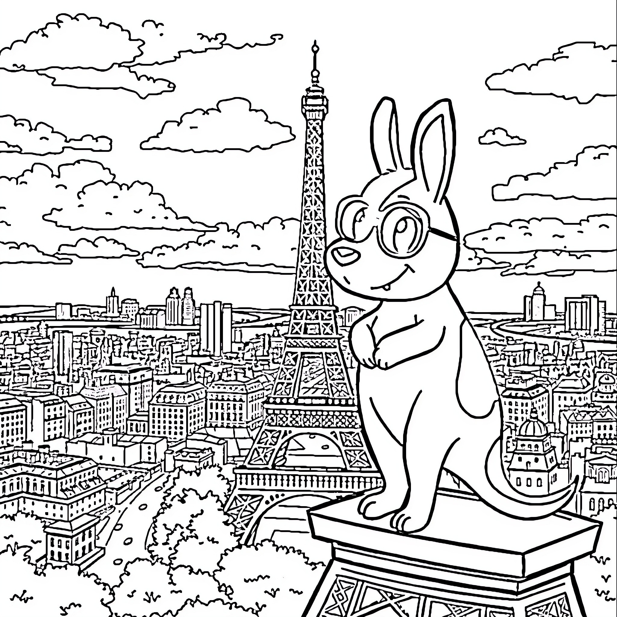 Trotro enjoying the view of Paris skyline Coloring Page (free black-and-white line drawing printable PDF for all, from beginners to advanced learners, including children, teens, adults, and seniors)