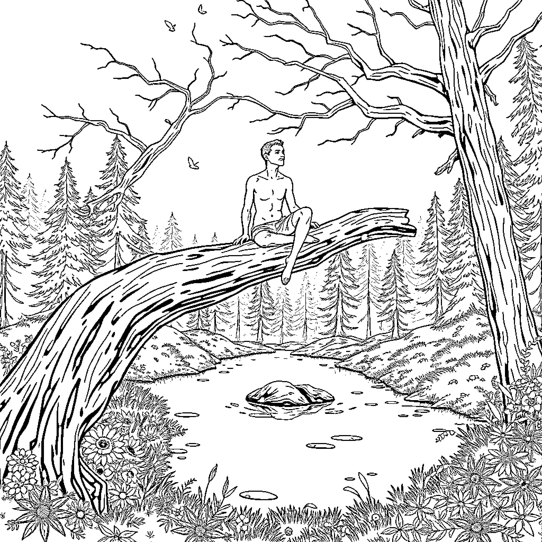 Man contemplating in serene forest landscape Coloring Page (free black-and-white line drawing printable PDF for all, from beginners to advanced learners, including children, teens, adults, and seniors)