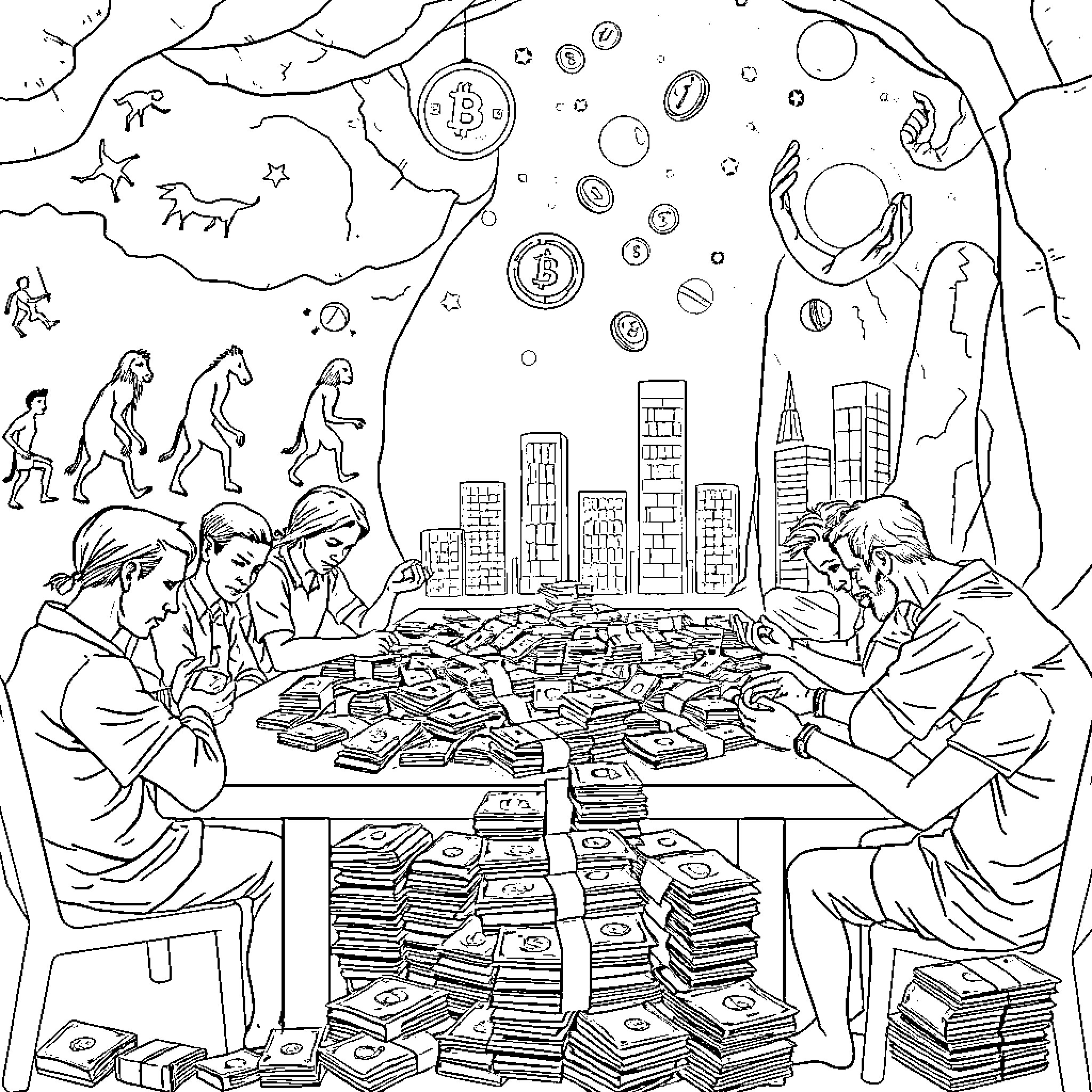 Money Matters: Exploring the Financial Landscape Coloring Page (free black-and-white line drawing printable PDF for all, from beginners to advanced learners, including children, teens, adults, and seniors)