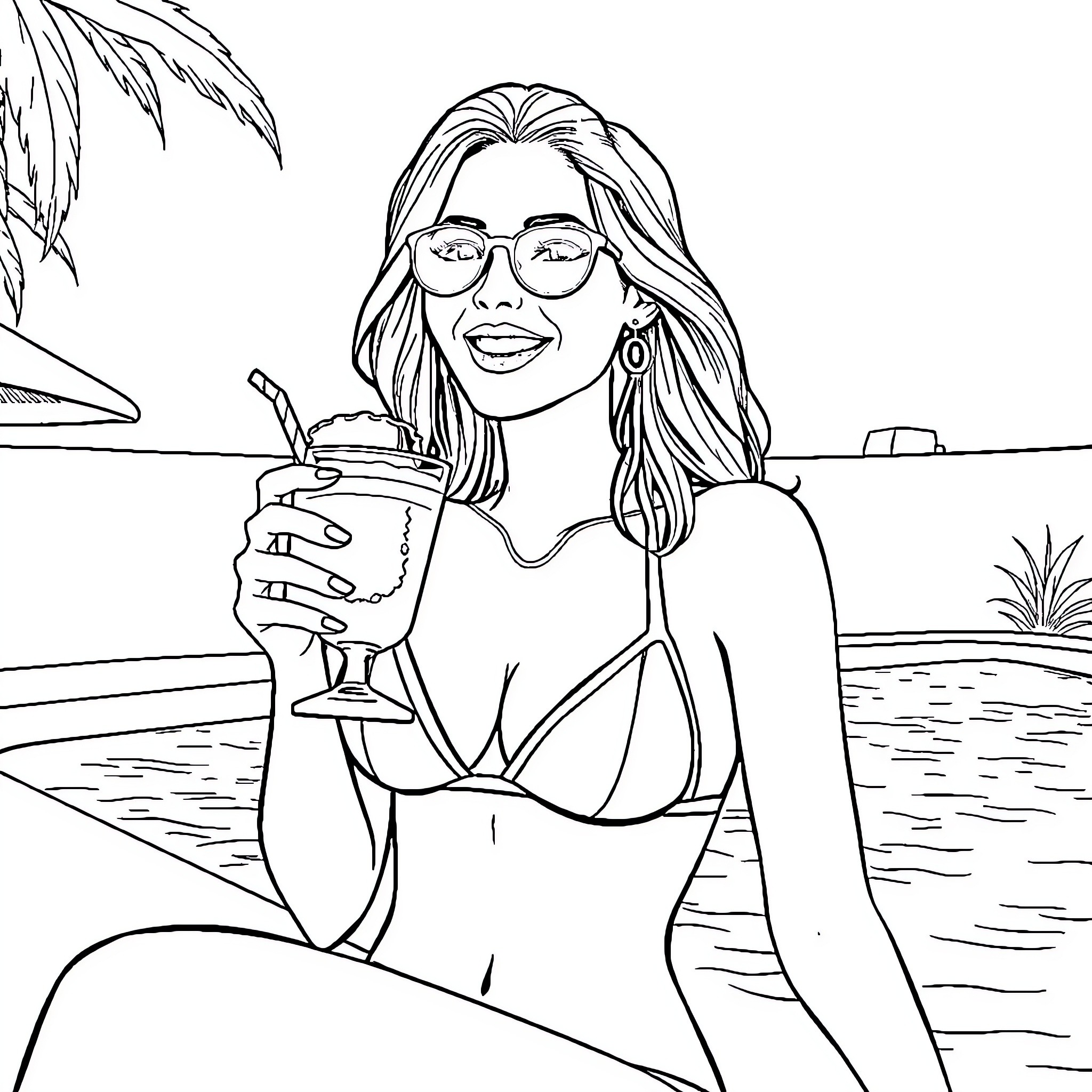 Female enjoying a refreshing drink by the beach Coloring Page (free black-and-white line drawing printable PDF for all, from beginners to advanced learners, including children, teens, adults, and seniors)