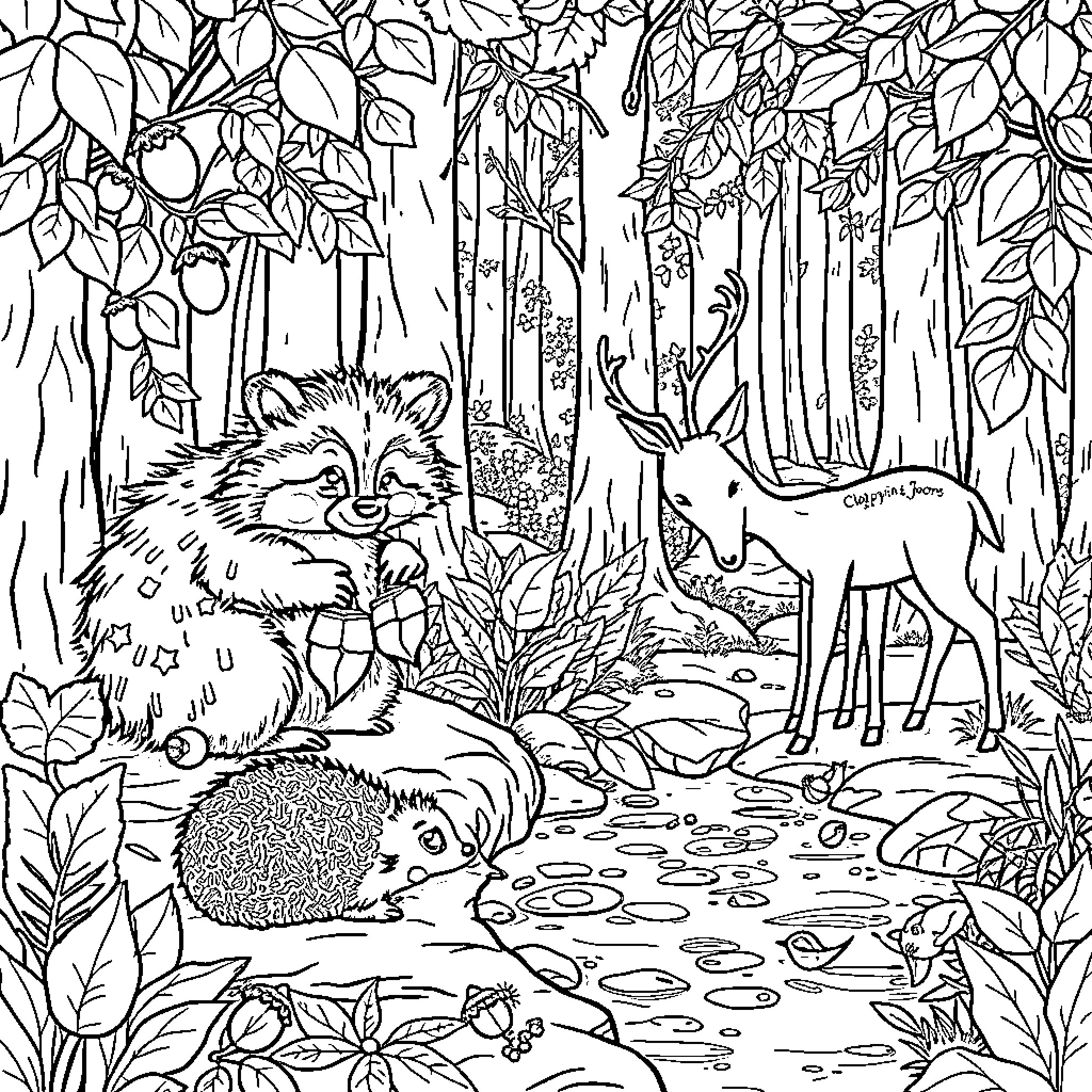 Animal Forest Creatures Interacting in Woodland Scene Coloring Page (free black-and-white line drawing printable PDF for all, from beginners to advanced learners, including children, teens, adults, and seniors)