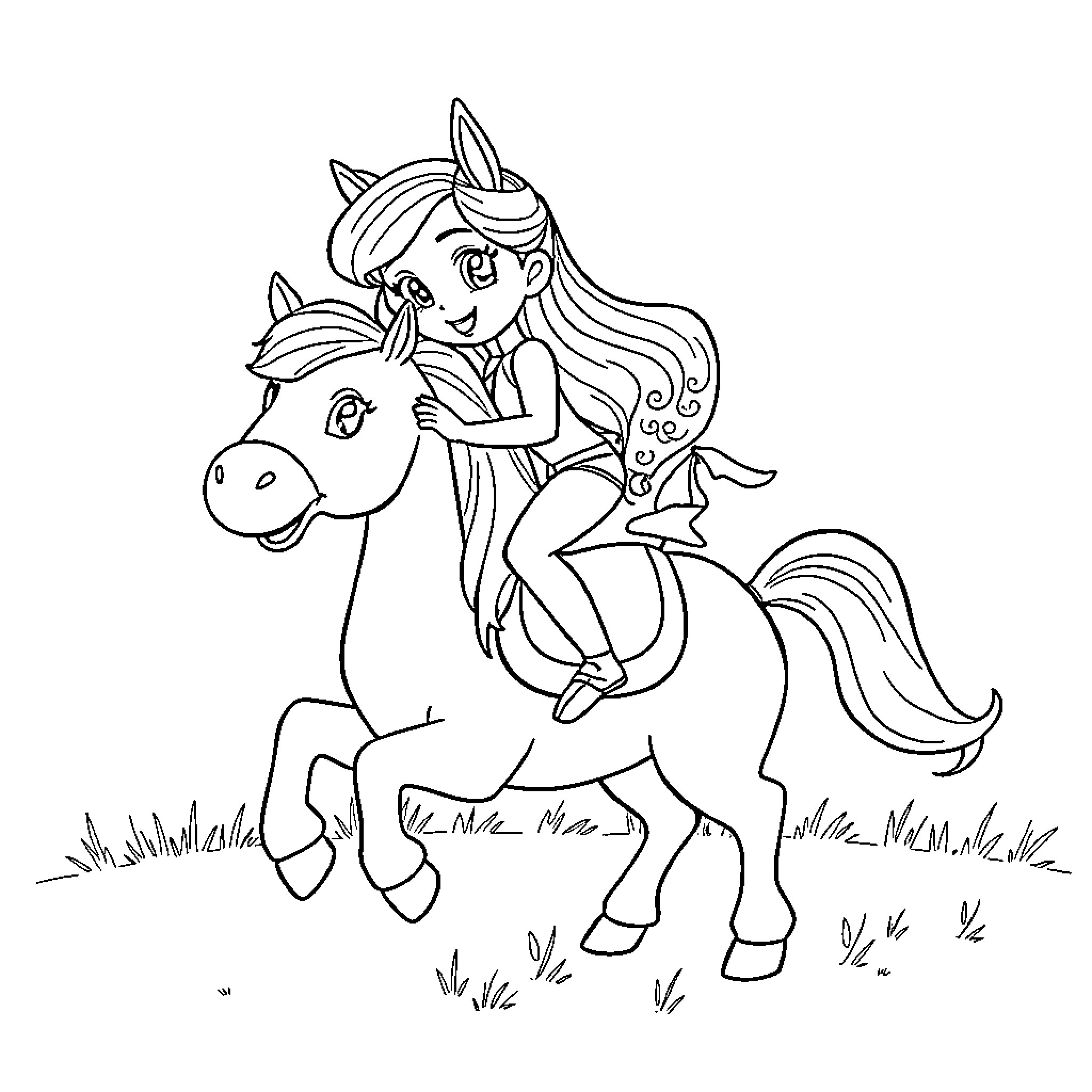 Bluey riding a pony through the field Coloring Page (free black-and-white line drawing printable PDF for all, from beginners to advanced learners, including children, teens, adults, and seniors)