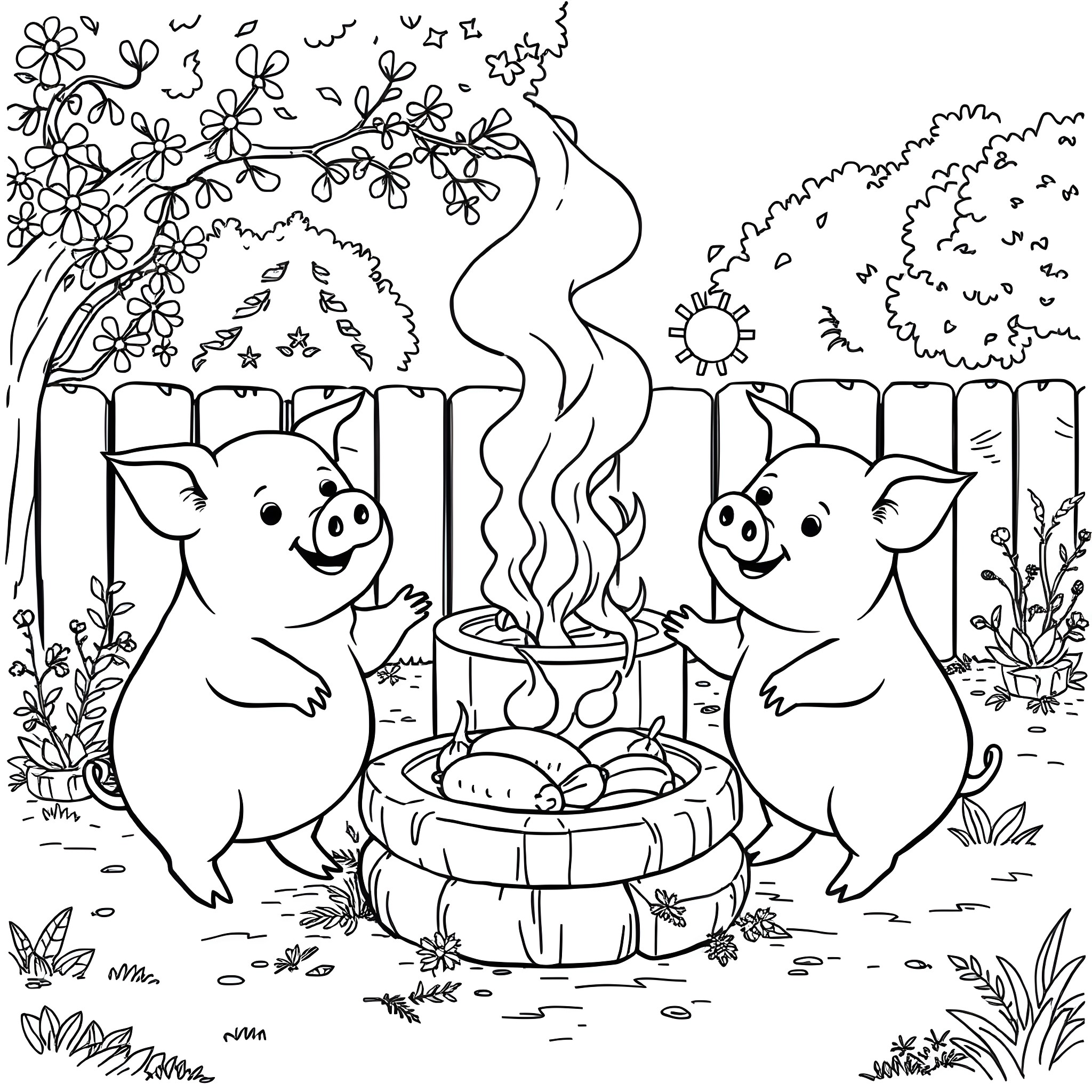 Pigs Cooking Over a Campfire in the Forest Coloring Page (free black-and-white line drawing printable PDF for all, from beginners to advanced learners, including children, teens, adults, and seniors)
