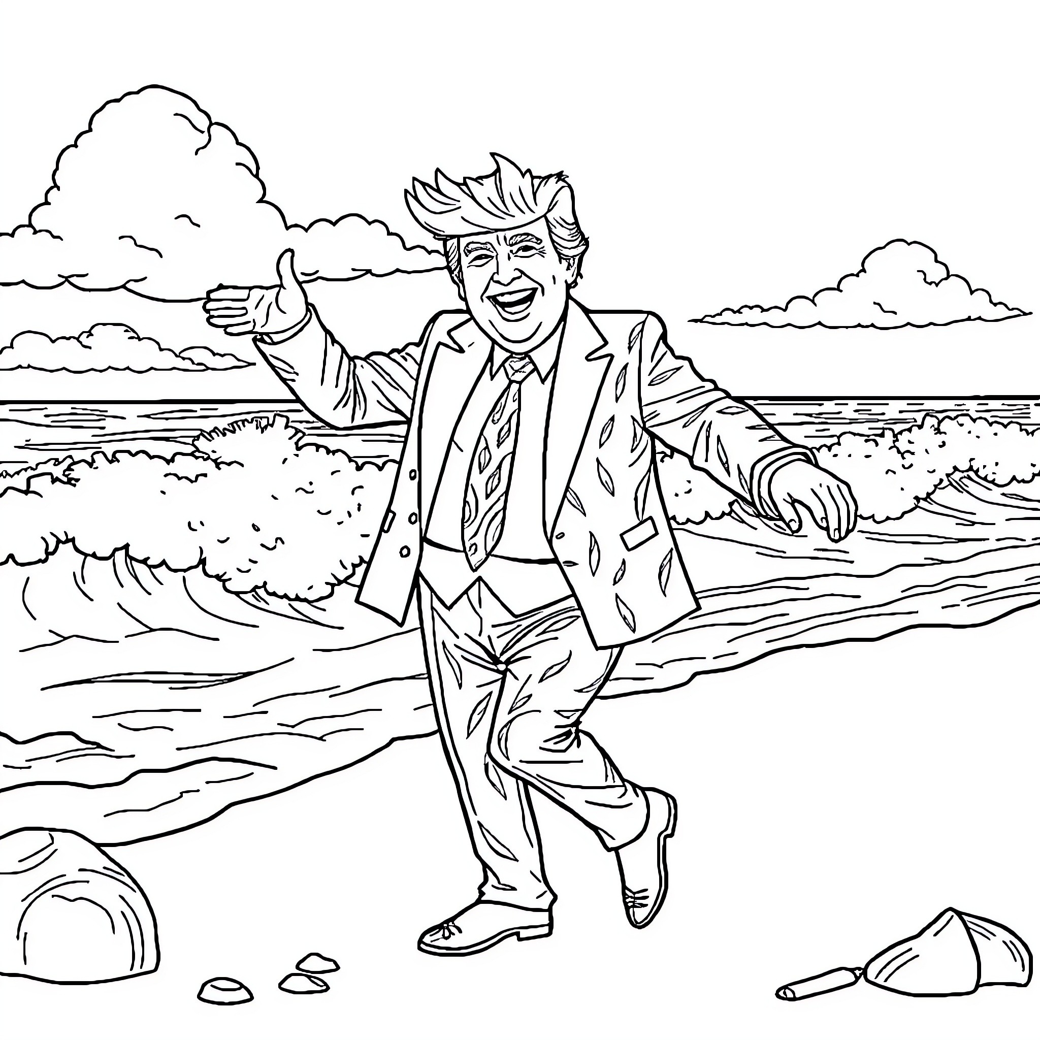 Donald Trump excitedly gesturing on a beach Coloring Page (free black-and-white line drawing printable PDF for all, from beginners to advanced learners, including children, teens, adults, and seniors)