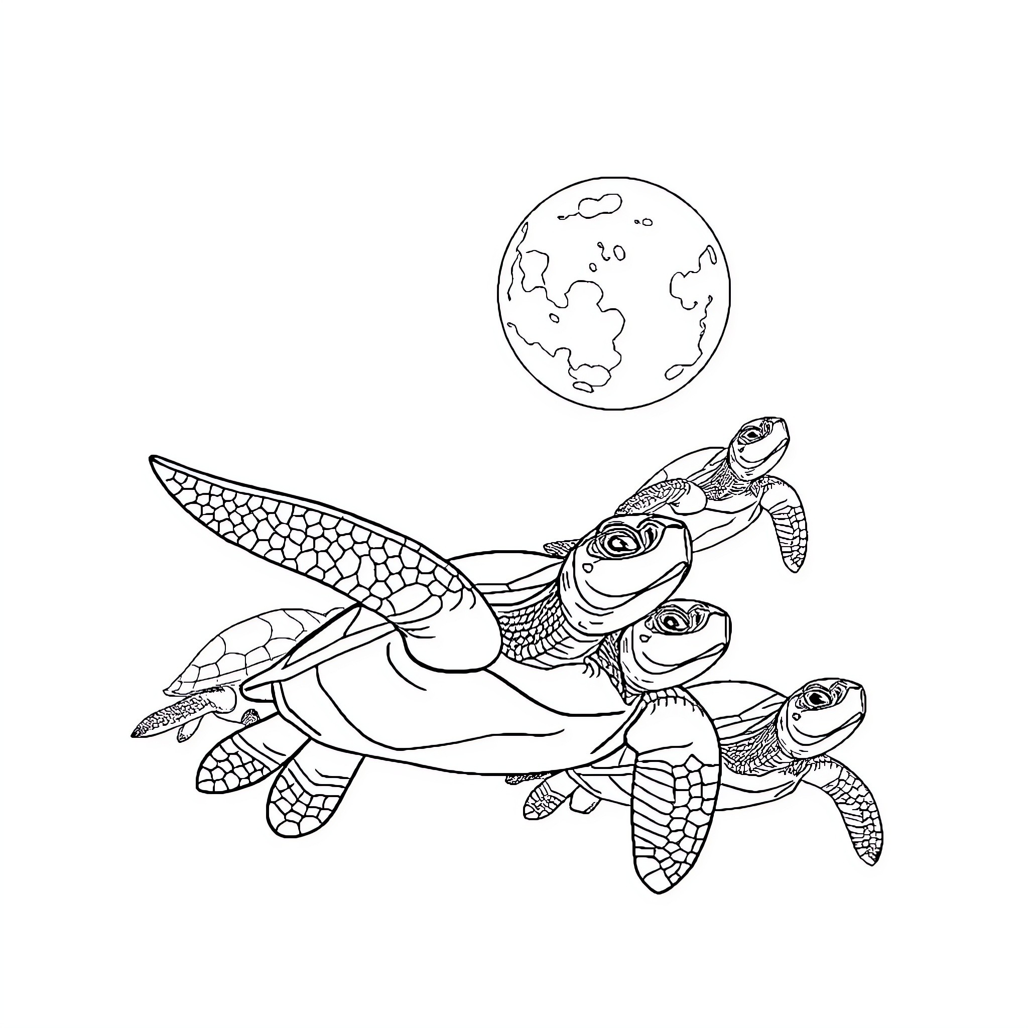 Turtle swimming happily under the moonlight Coloring Page (free black-and-white line drawing printable PDF for all, from beginners to advanced learners, including children, teens, adults, and seniors)