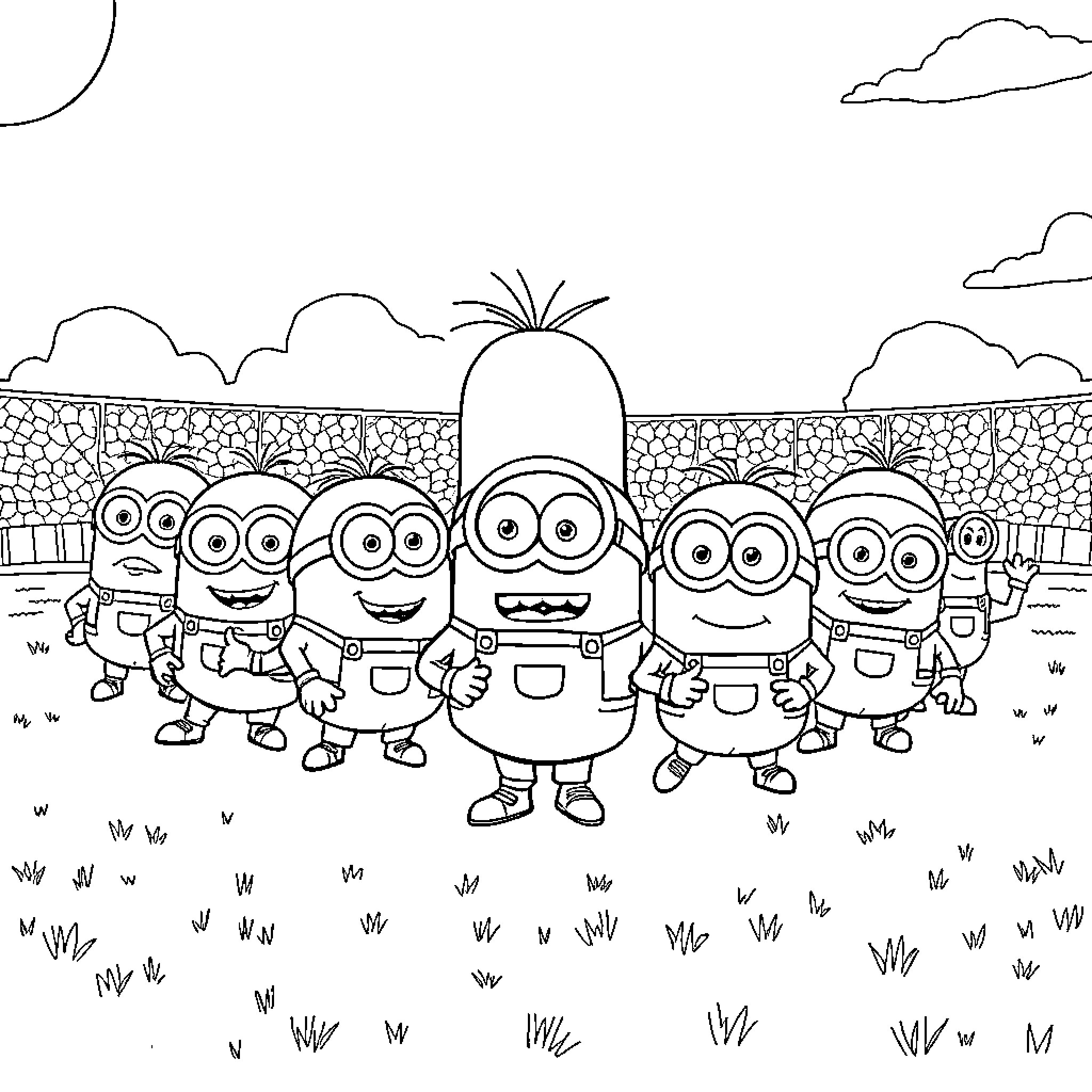 Football players in Minion uniforms enjoying the field Coloring Page (free black-and-white line drawing printable PDF for all, from beginners to advanced learners, including children, teens, adults, and seniors)