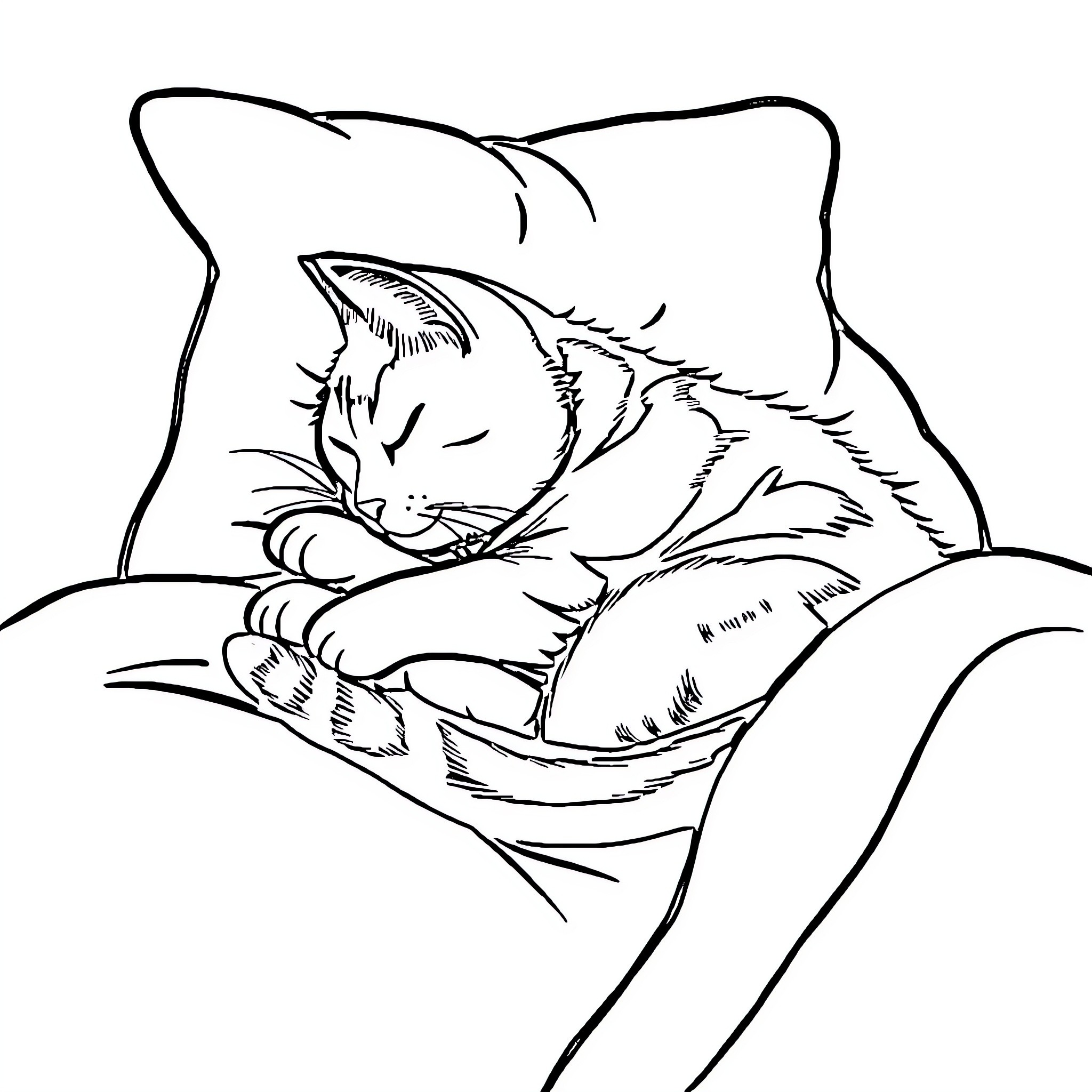 Cat sleeping peacefully on cozy bedding Coloring Page (free black-and-white line drawing printable PDF for all, from beginners to advanced learners, including children, teens, adults, and seniors)