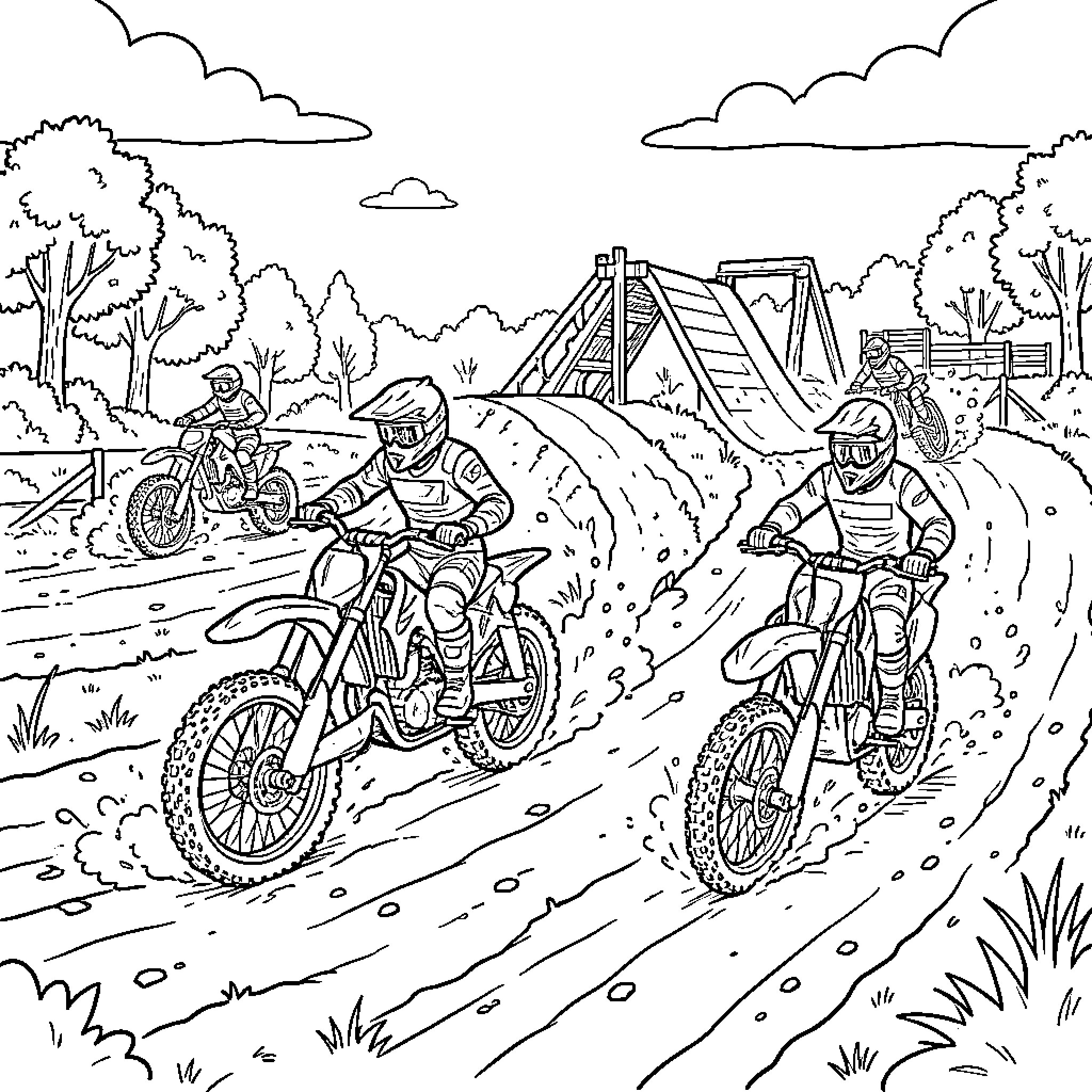 Motocross riders racing through a dirt track course Coloring Page (free black-and-white line drawing printable PDF for all, from beginners to advanced learners, including children, teens, adults, and seniors)