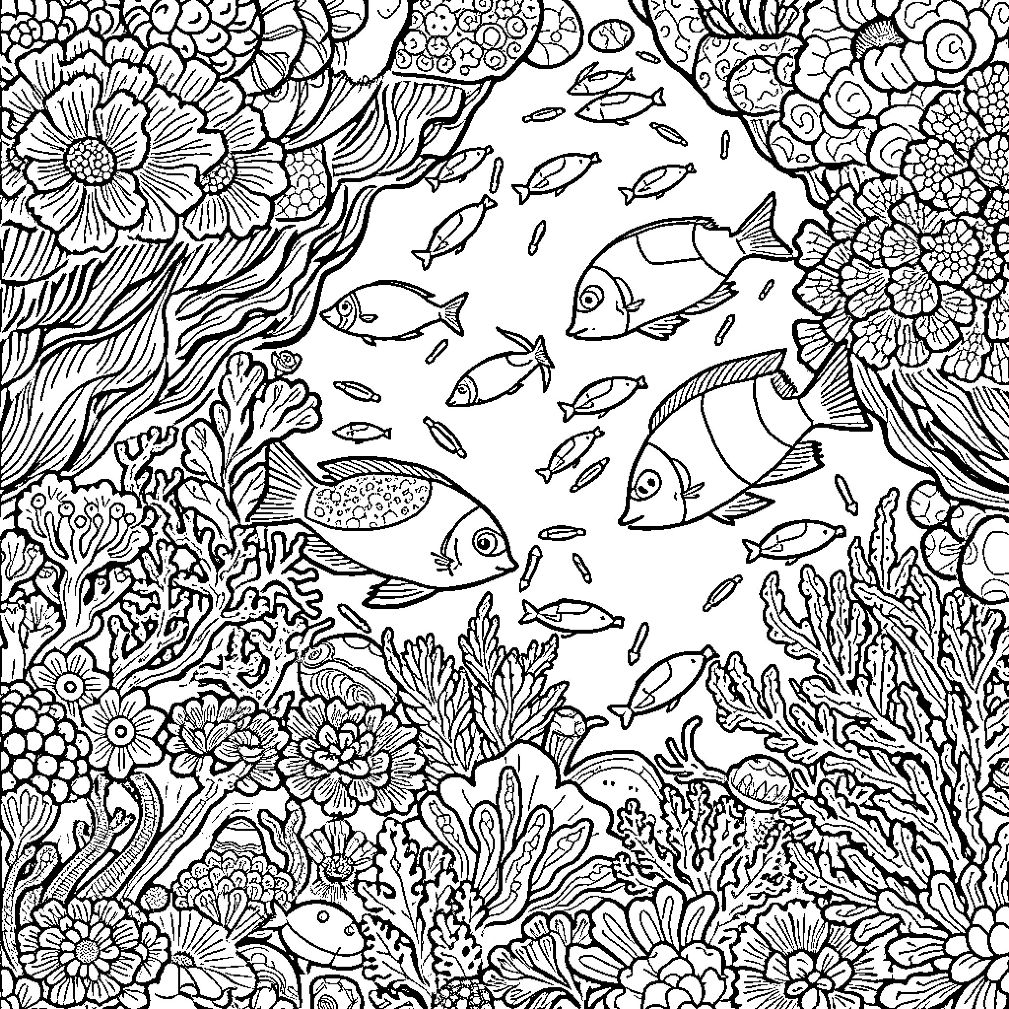 Coral Garden Scene with Vibrant Marine Life Coloring Page (free black-and-white line drawing printable PDF for all, from beginners to advanced learners, including children, teens, adults, and seniors)