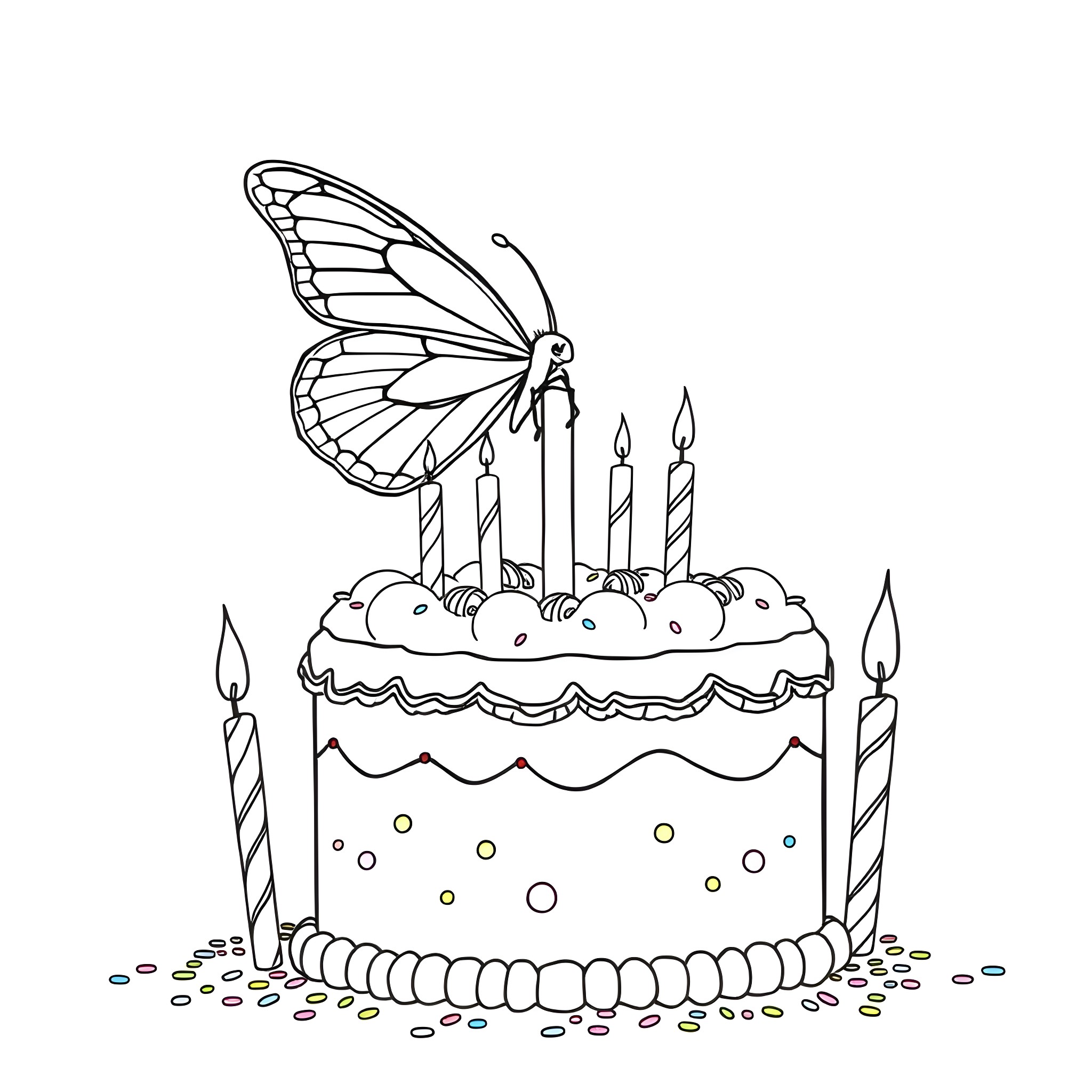 Butterfly perched on a birthday cake with candles Coloring Page (free black-and-white line drawing printable PDF for all, from beginners to advanced learners, including children, teens, adults, and seniors)