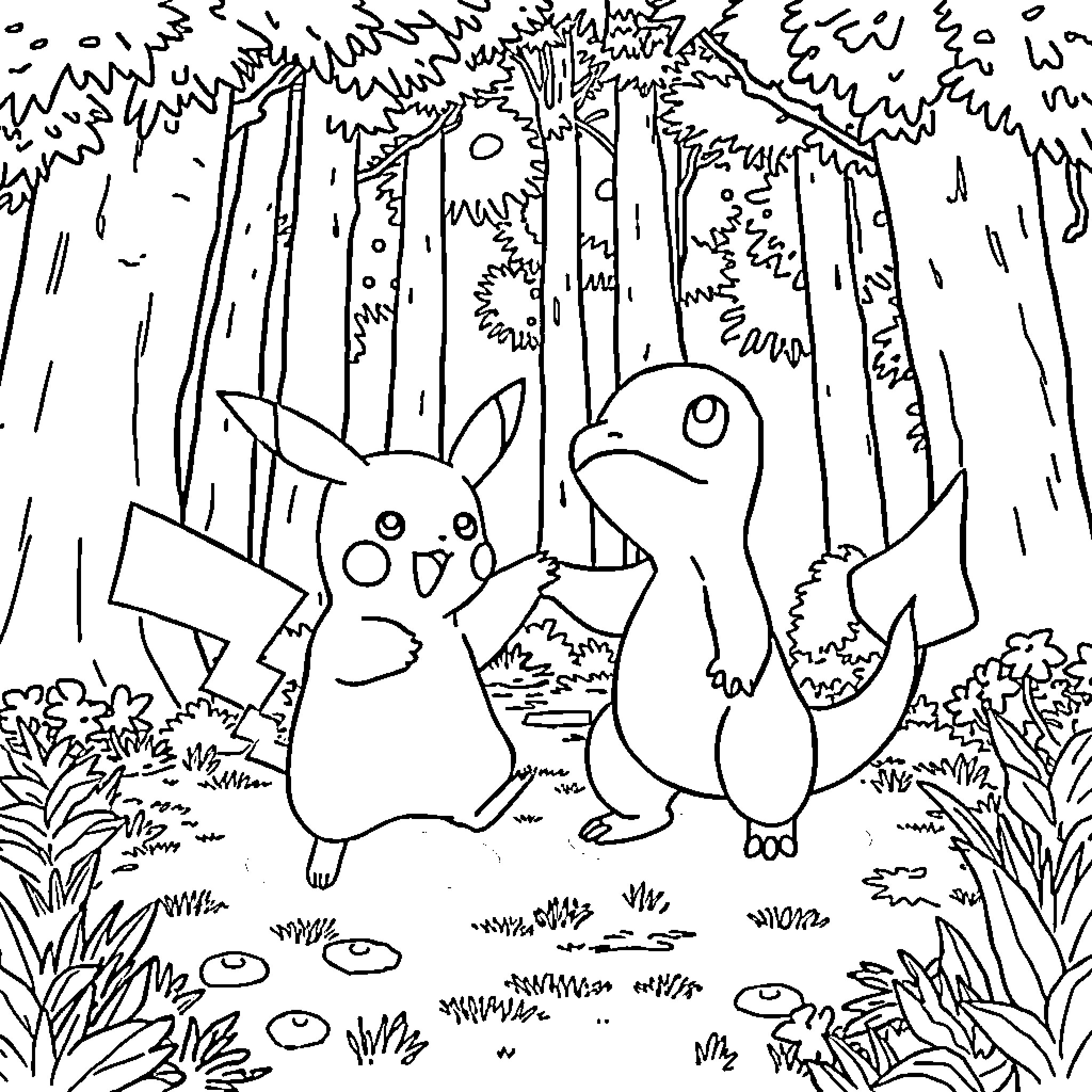 Pikachu and Friends in the Magical Forest Coloring Page (free black-and-white line drawing printable PDF for all, from beginners to advanced learners, including children, teens, adults, and seniors)