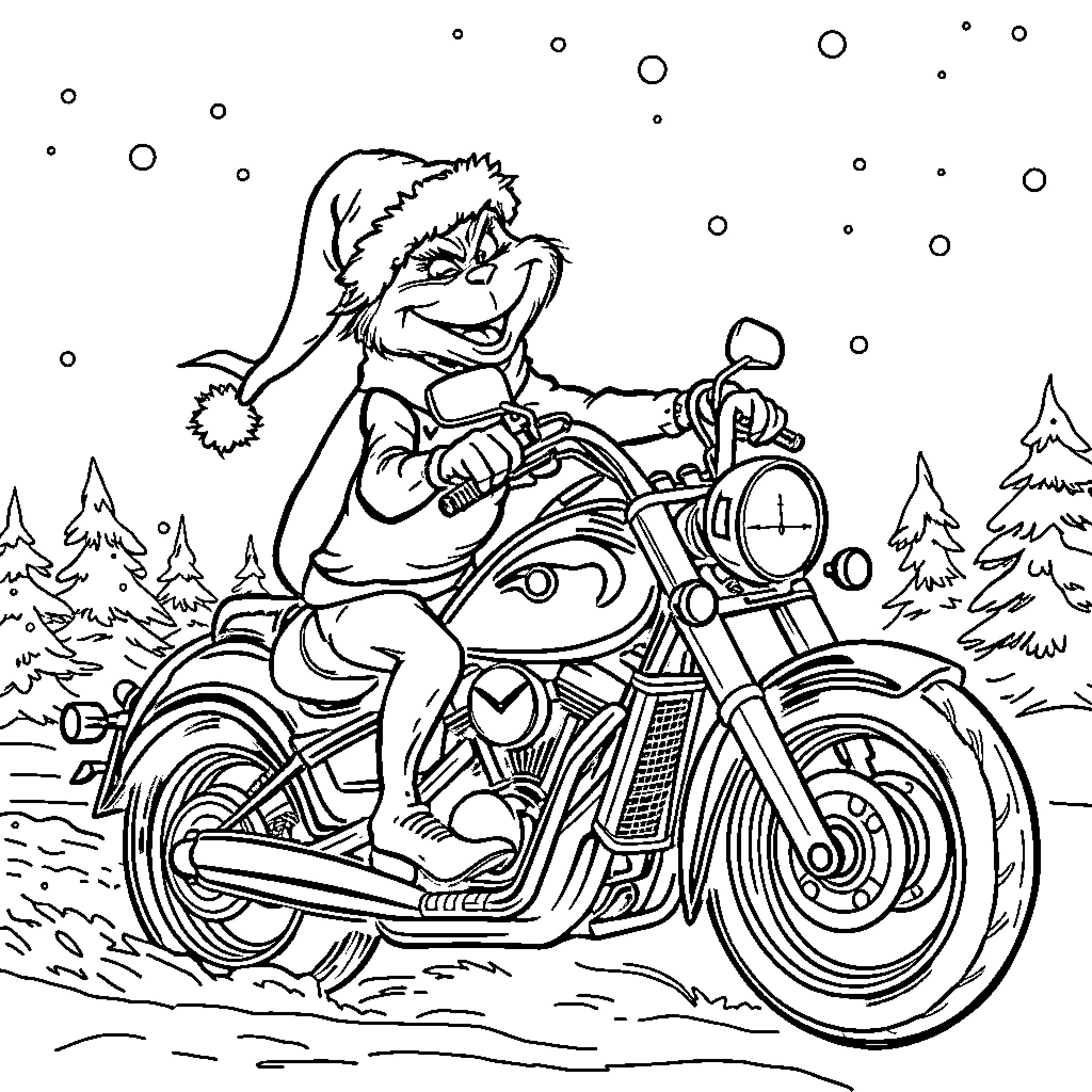 Grinch riding a motorcycle in the snowy forest Coloring Page (free black-and-white line drawing printable PDF for all, from beginners to advanced learners, including children, teens, adults, and seniors)