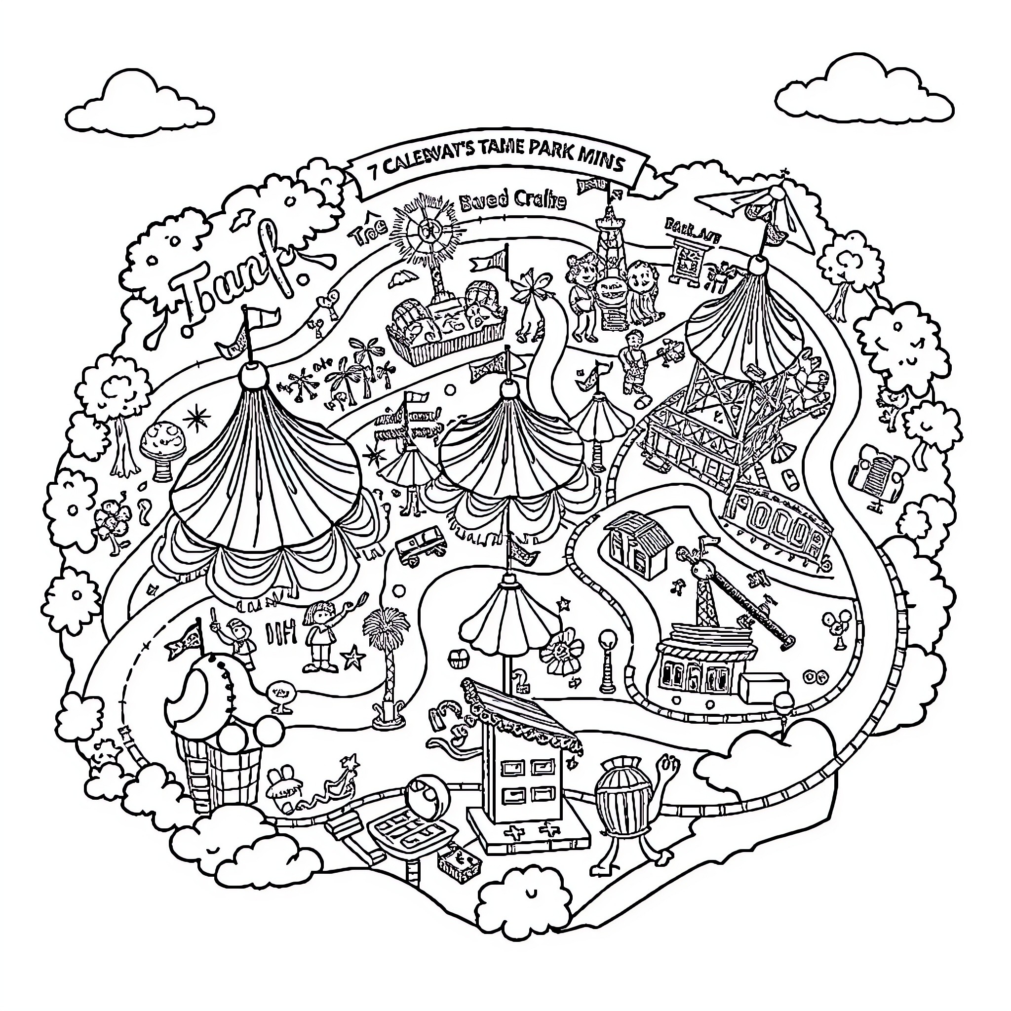 Theme Park with Whimsical Attractions and Characters Coloring Page (free black-and-white line drawing printable PDF for all, from beginners to advanced learners, including children, teens, adults, and seniors)