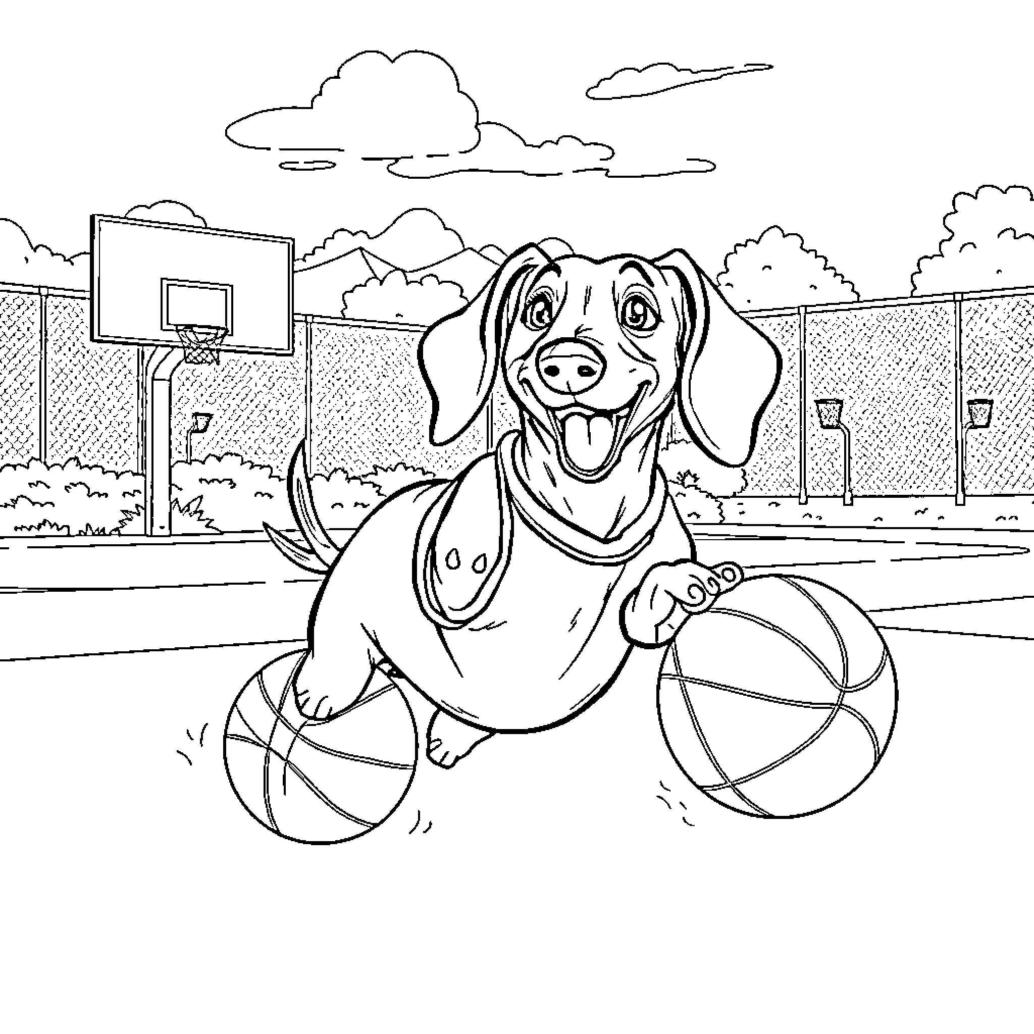 Dachshund Playfully Chasing Basketball on Court Coloring Page (free black-and-white line drawing printable PDF for all, from beginners to advanced learners, including children, teens, adults, and seniors)