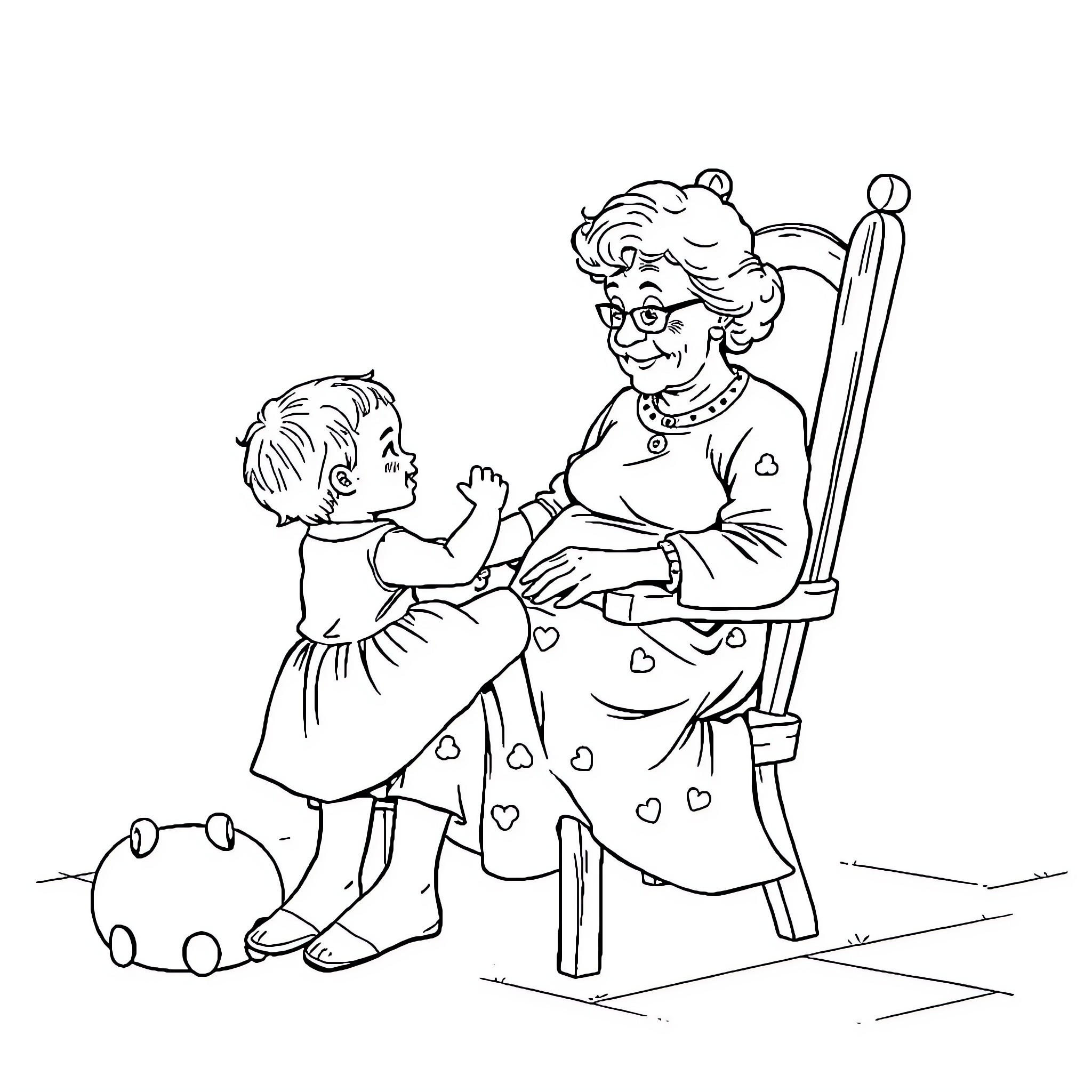 Grandmother knitting with grandchild by her side Coloring Page (free black-and-white line drawing printable PDF for all, from beginners to advanced learners, including children, teens, adults, and seniors)