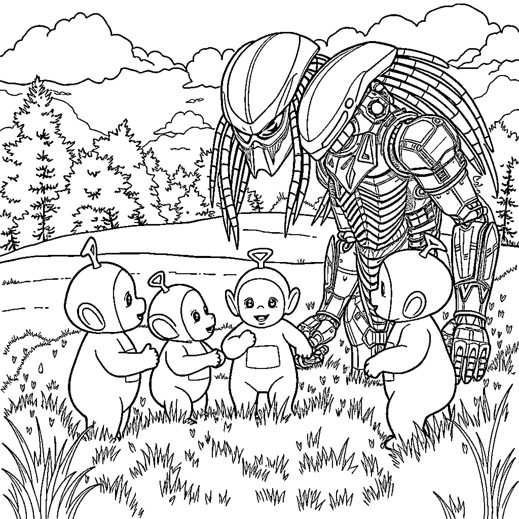 Telly Tubby Alien Encounters Friendly Creatures Coloring Page (free black-and-white line drawing printable PDF for all, from beginners to advanced learners, including children, teens, adults, and seniors)