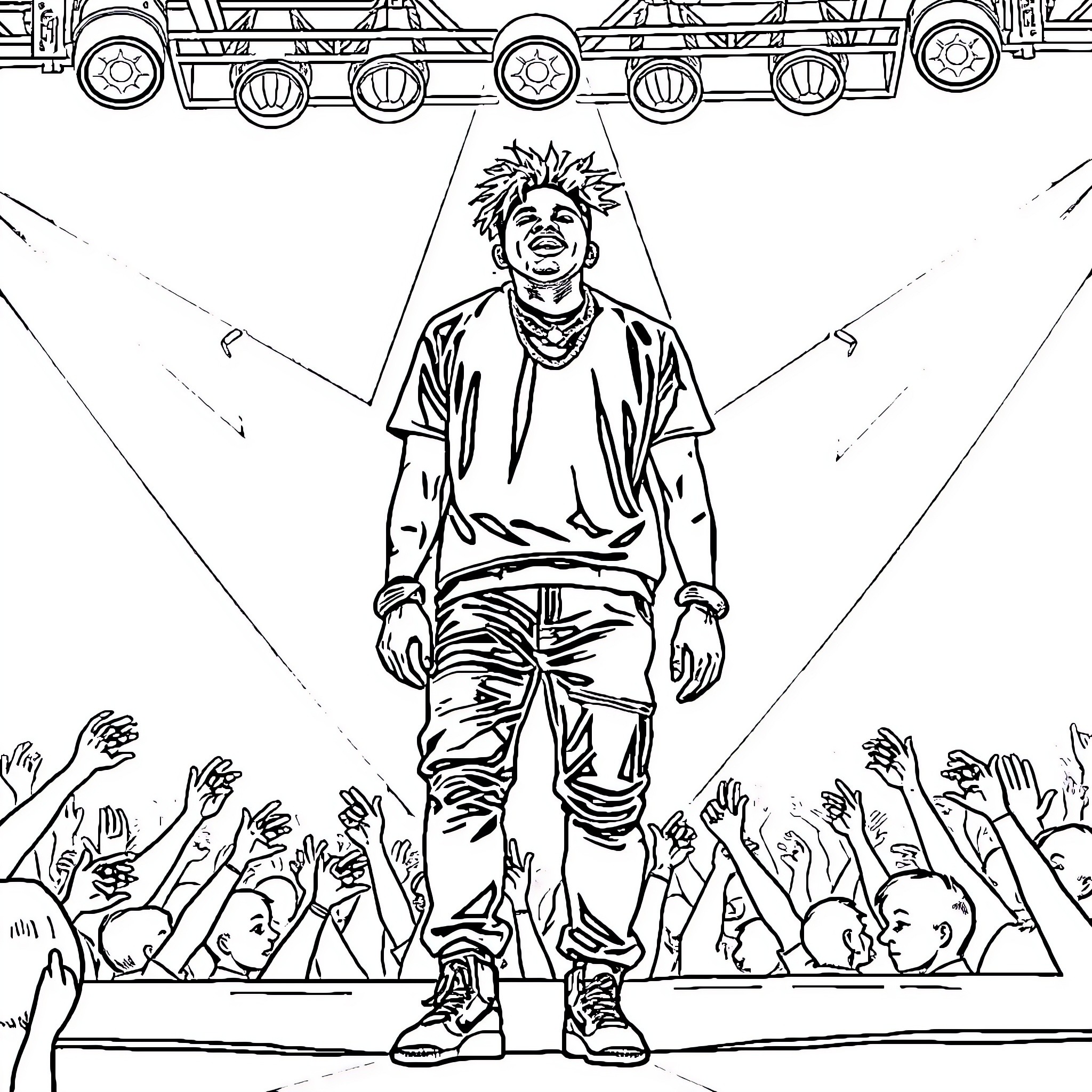 Xxxtentacion performing on stage with adoring crowd Coloring Page (free black-and-white line drawing printable PDF for all, from beginners to advanced learners, including children, teens, adults, and seniors)