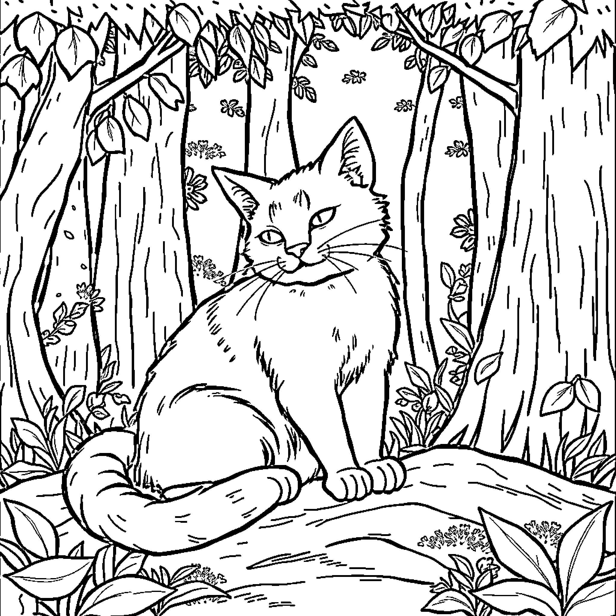 Wild Cat Relaxing in Lush Forest Coloring Page (free black-and-white line drawing printable PDF for all, from beginners to advanced learners, including children, teens, adults, and seniors)