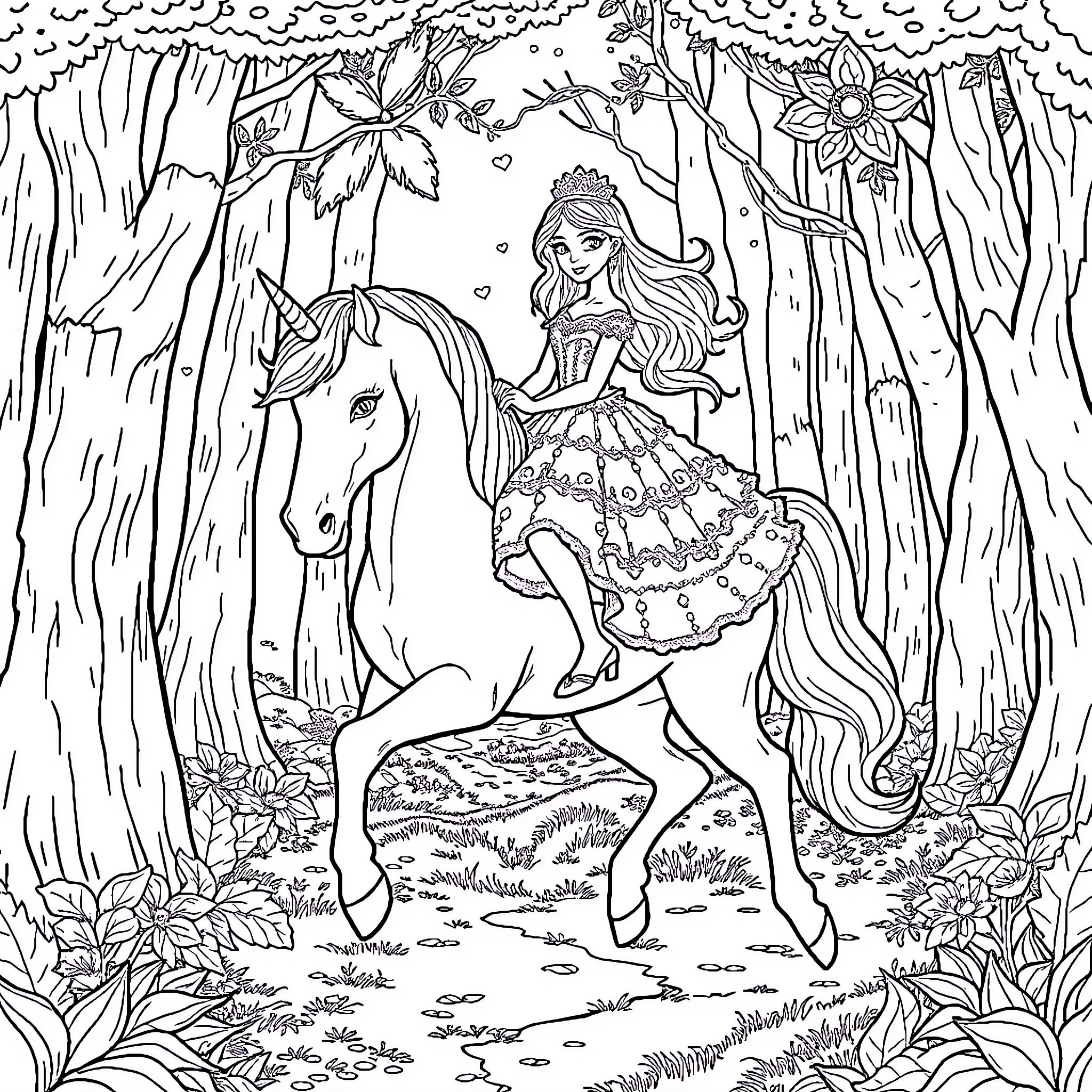 Princess Riding a Magical Unicorn in the Enchanted Forest Coloring Page (free black-and-white line drawing printable PDF for all, from beginners to advanced learners, including children, teens, adults, and seniors)