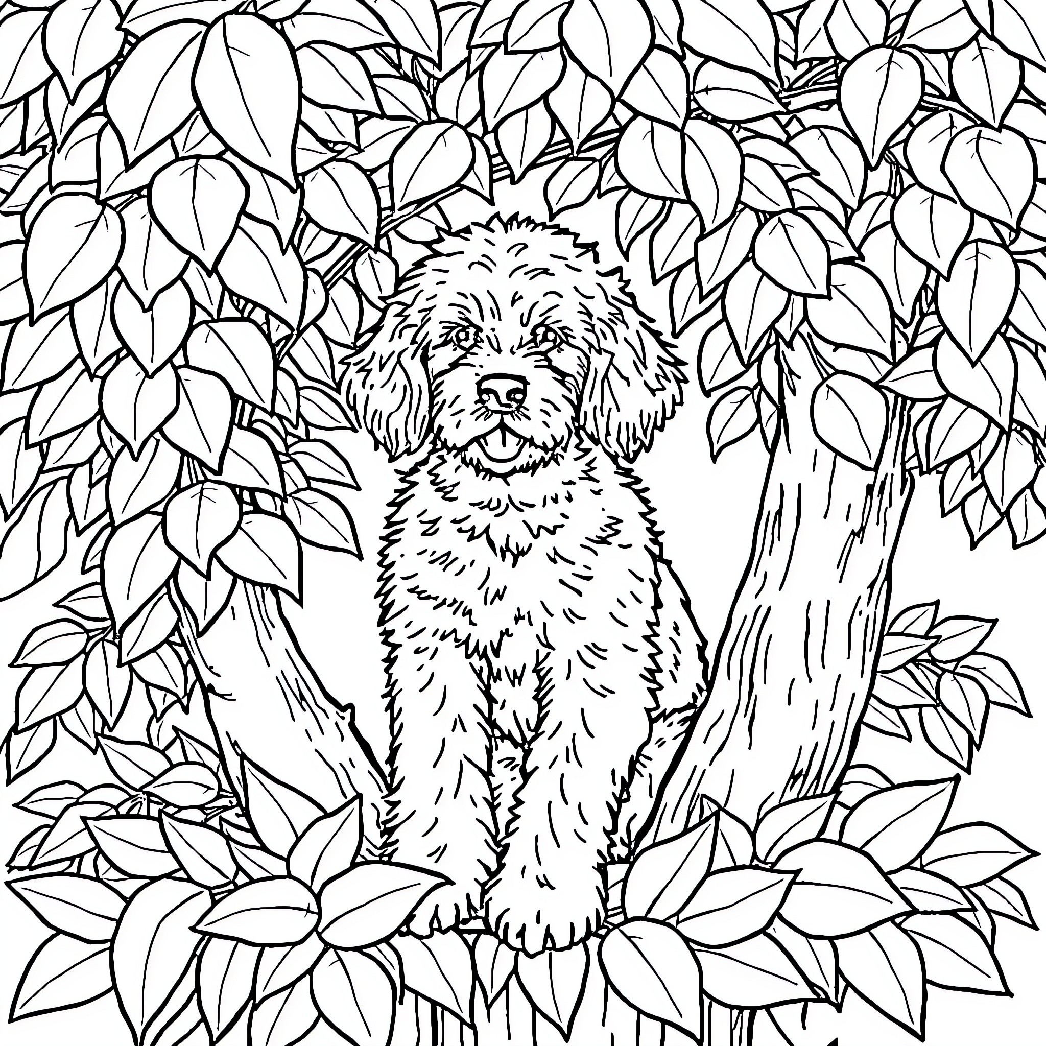 Doodle of a fluffy pup in a leafy forest Coloring Page (free black-and-white line drawing printable PDF for all, from beginners to advanced learners, including children, teens, adults, and seniors)