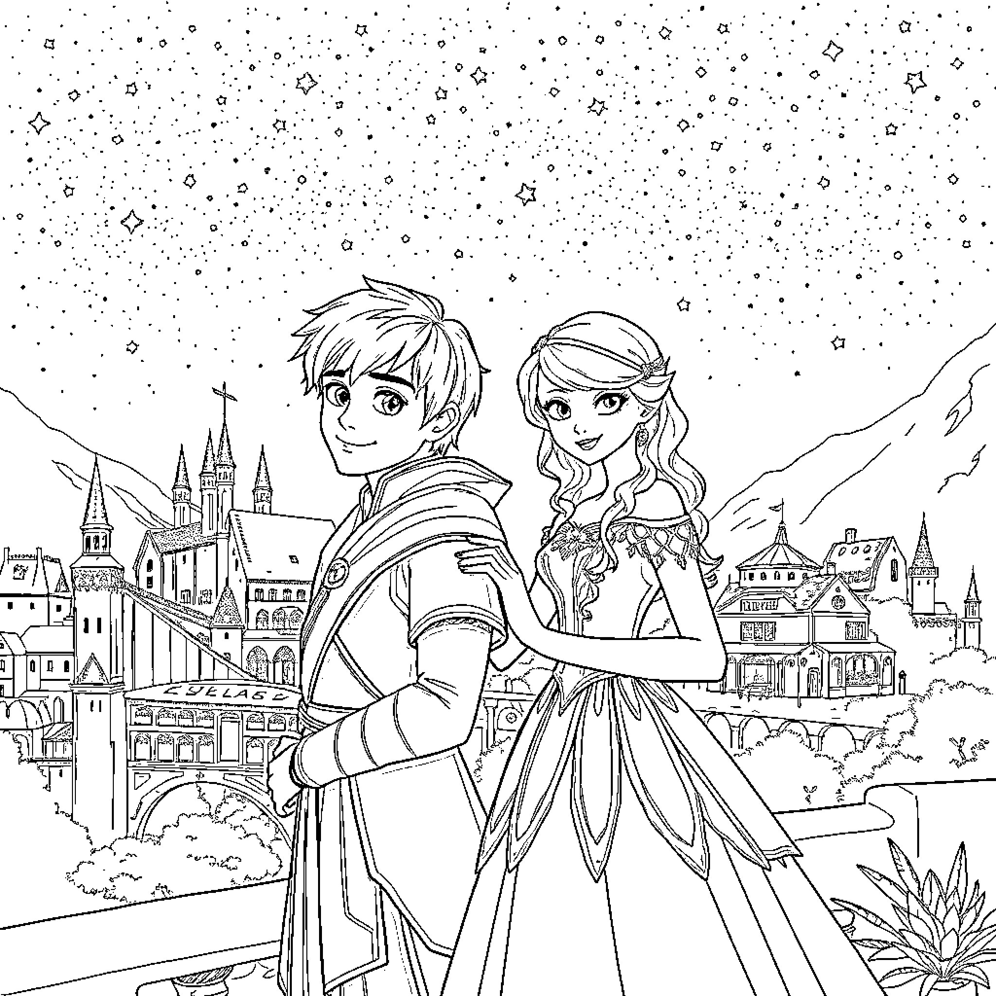 Velaris - Couple Exploring the Magical City Coloring Page (free black-and-white line drawing printable PDF for all, from beginners to advanced learners, including children, teens, adults, and seniors)