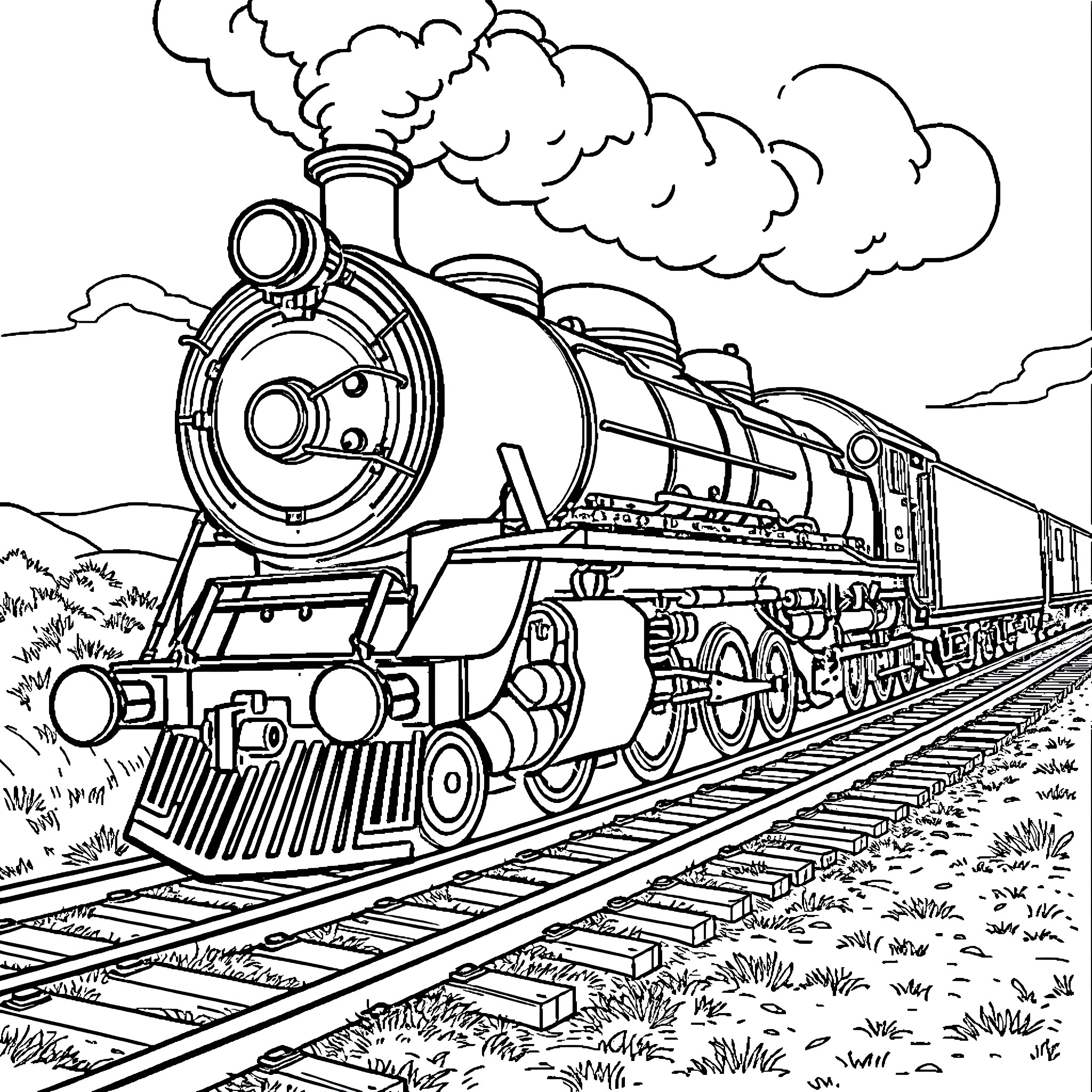 Train carrying freight through the countryside Coloring Page (free black-and-white line drawing printable PDF for all, from beginners to advanced learners, including children, teens, adults, and seniors)