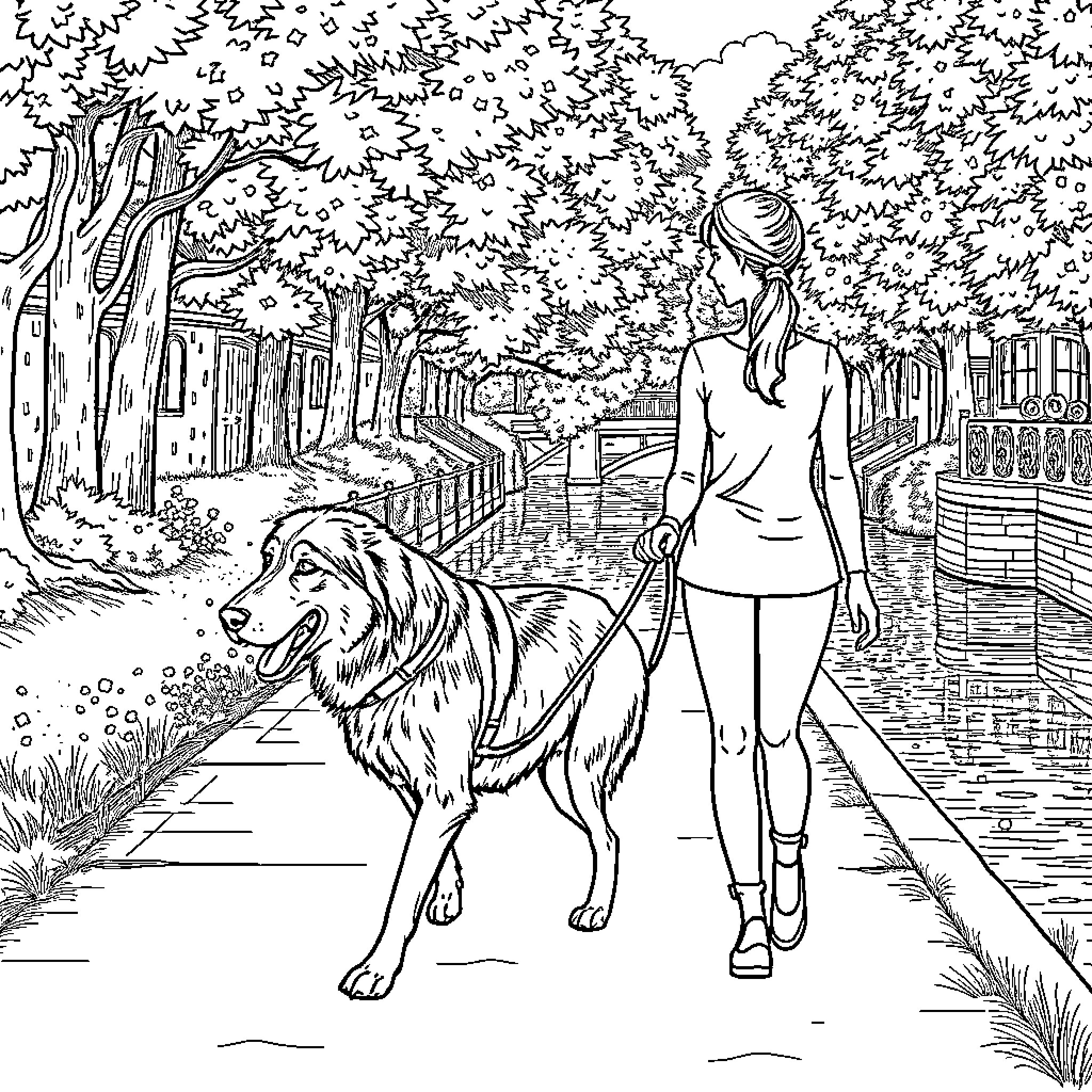 Wolfhound walking with owner in tranquil park Coloring Page (free black-and-white line drawing printable PDF for all, from beginners to advanced learners, including children, teens, adults, and seniors)