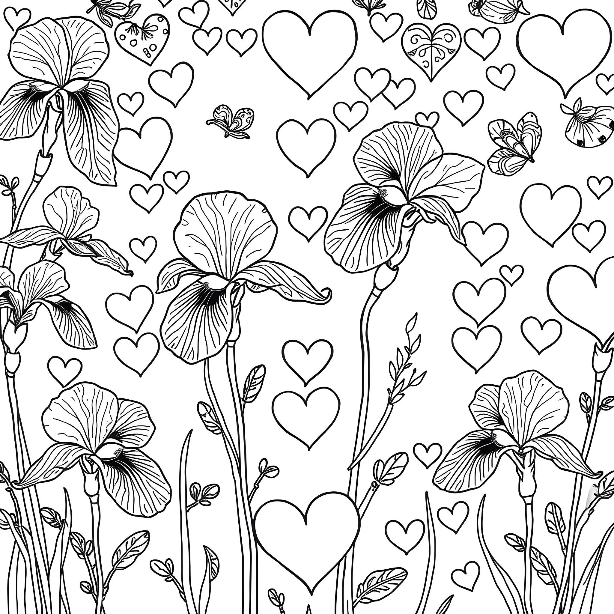 Iris Flowers and Hearts in the Meadow Coloring Page (free black-and-white line drawing printable PDF for all, from beginners to advanced learners, including children, teens, adults, and seniors)