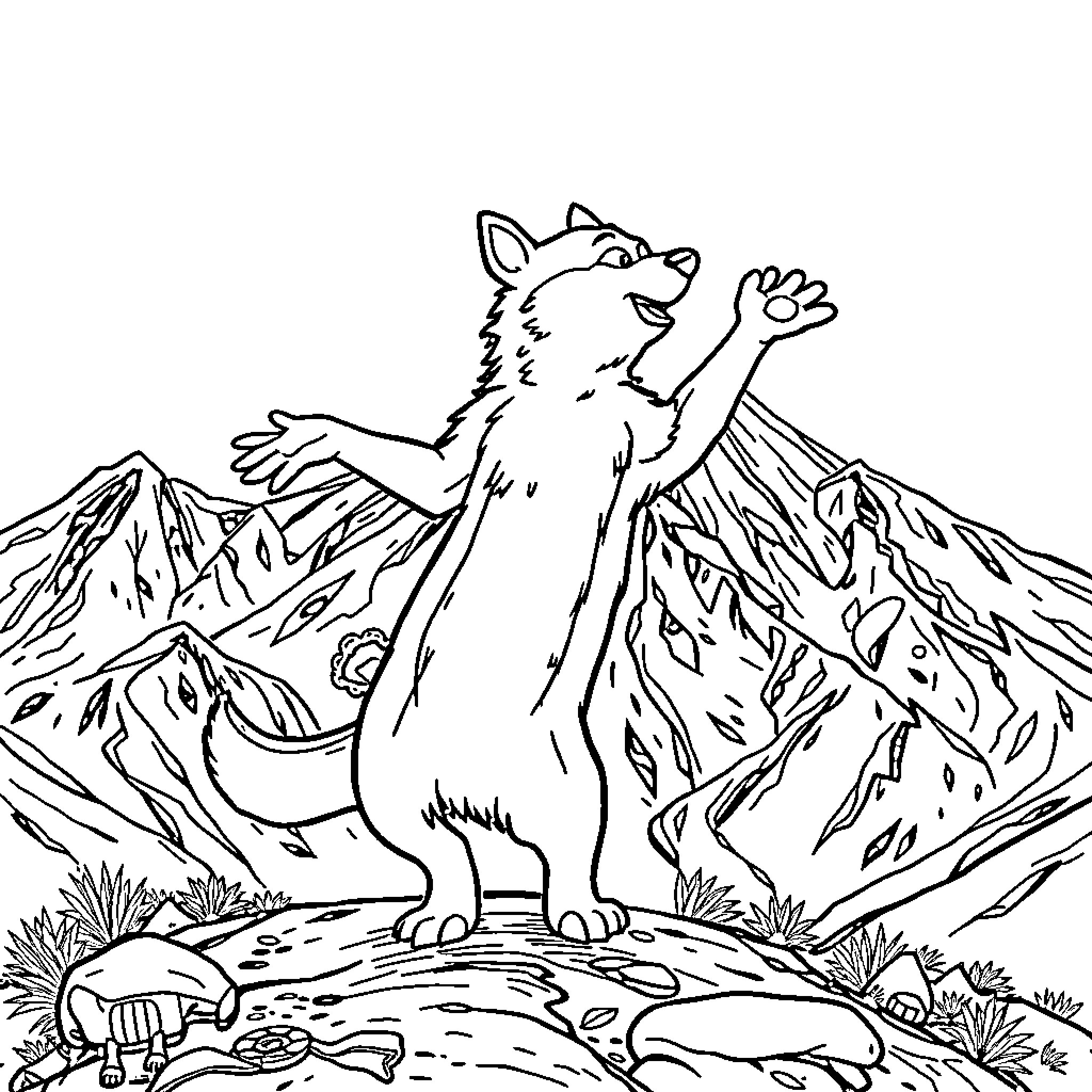 Perro playing joyfully in the mountain landscape Coloring Page (free black-and-white line drawing printable PDF for all, from beginners to advanced learners, including children, teens, adults, and seniors)