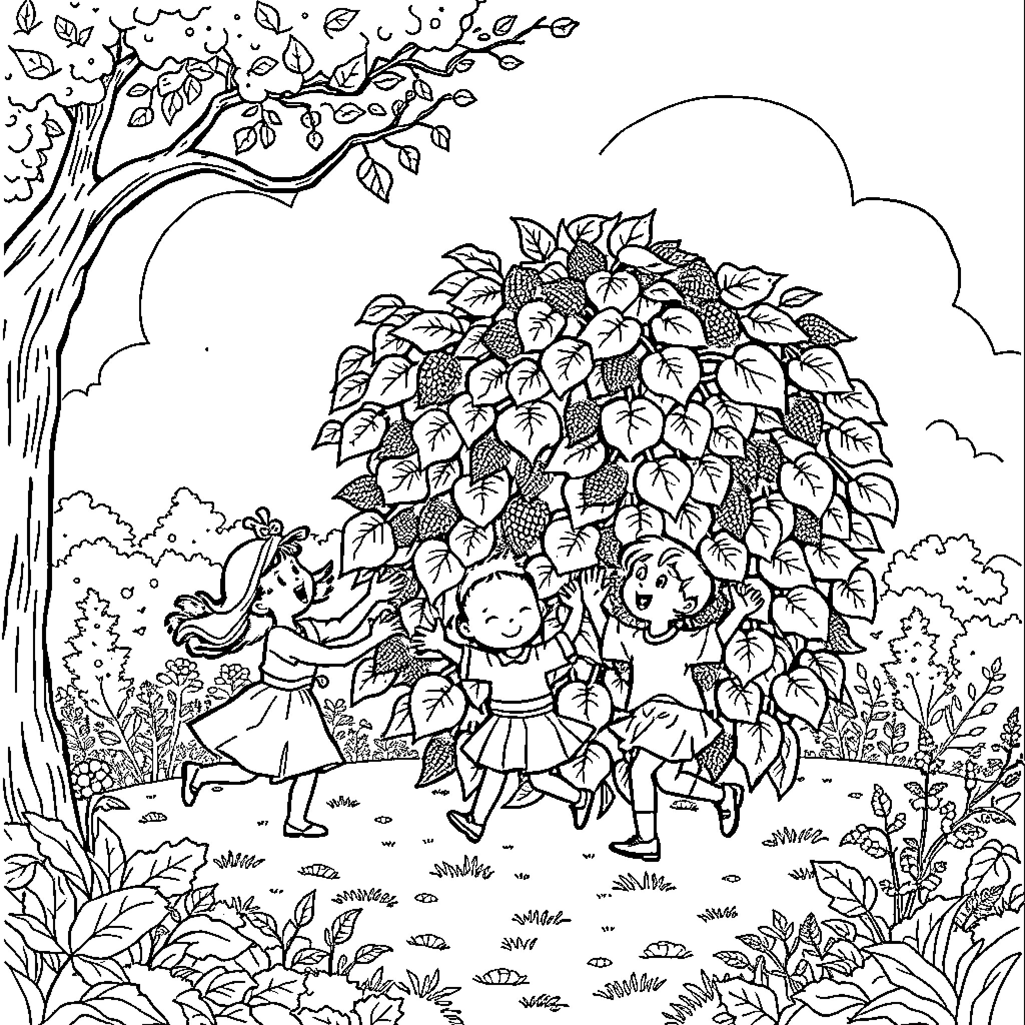 Mulberry Bush Joyful Children's Dance in Nature Coloring Page (free black-and-white line drawing printable PDF for all, from beginners to advanced learners, including children, teens, adults, and seniors)