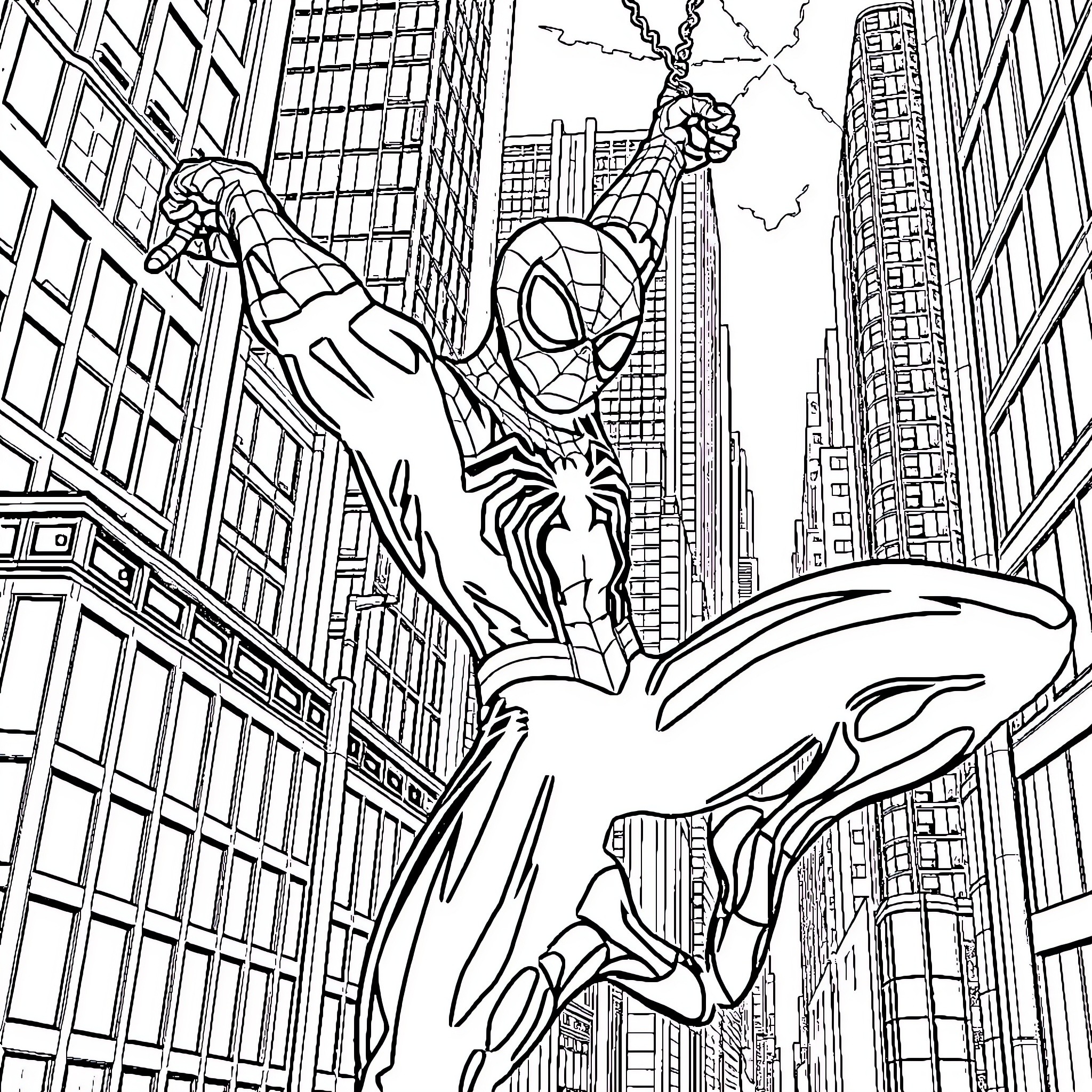 Spider-Man swinging through the city skyline Coloring Page (free black-and-white line drawing printable PDF for all, from beginners to advanced learners, including children, teens, adults, and seniors)