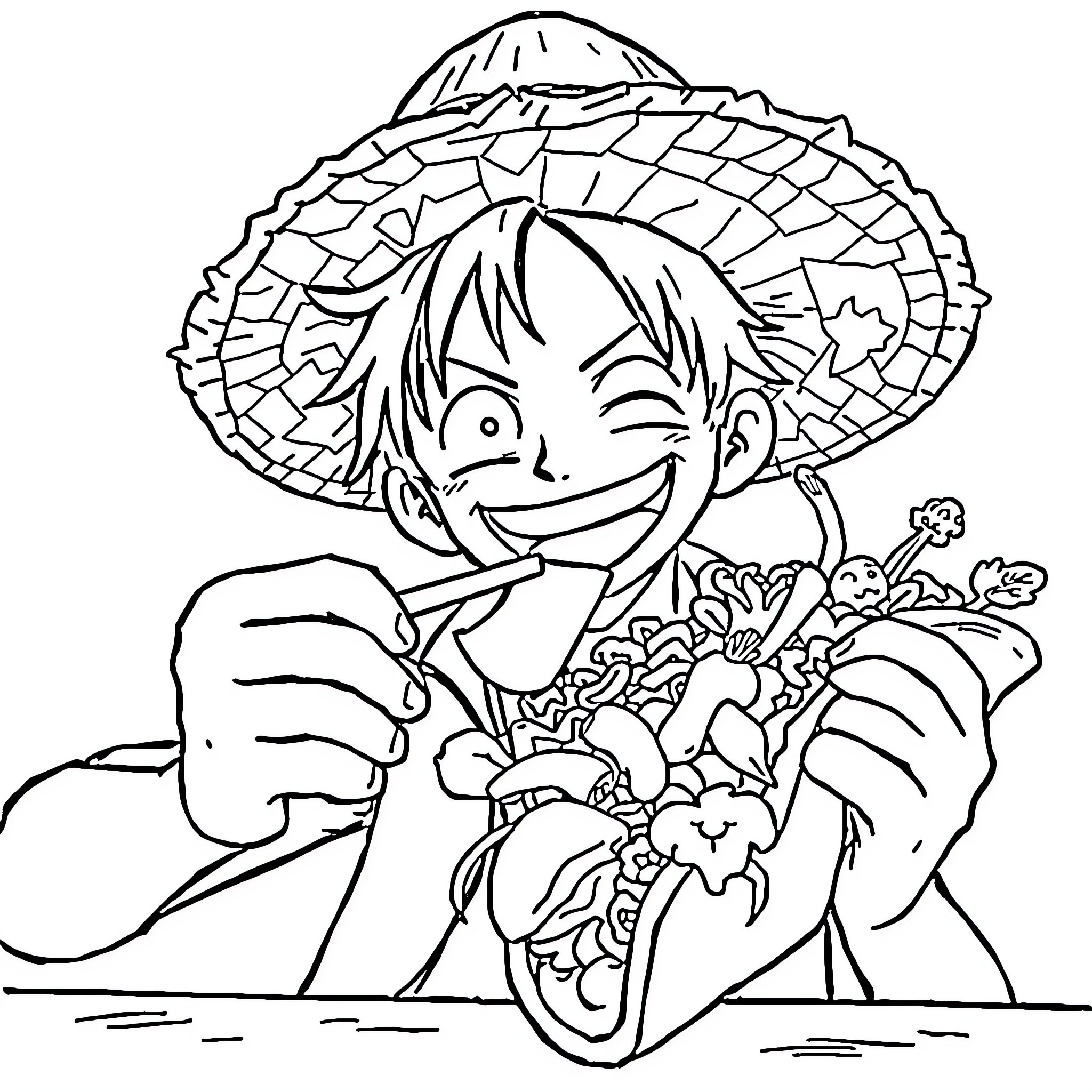 Luffy enjoying a delightful meal with flowers Coloring Page (free black-and-white line drawing printable PDF for all, from beginners to advanced learners, including children, teens, adults, and seniors)