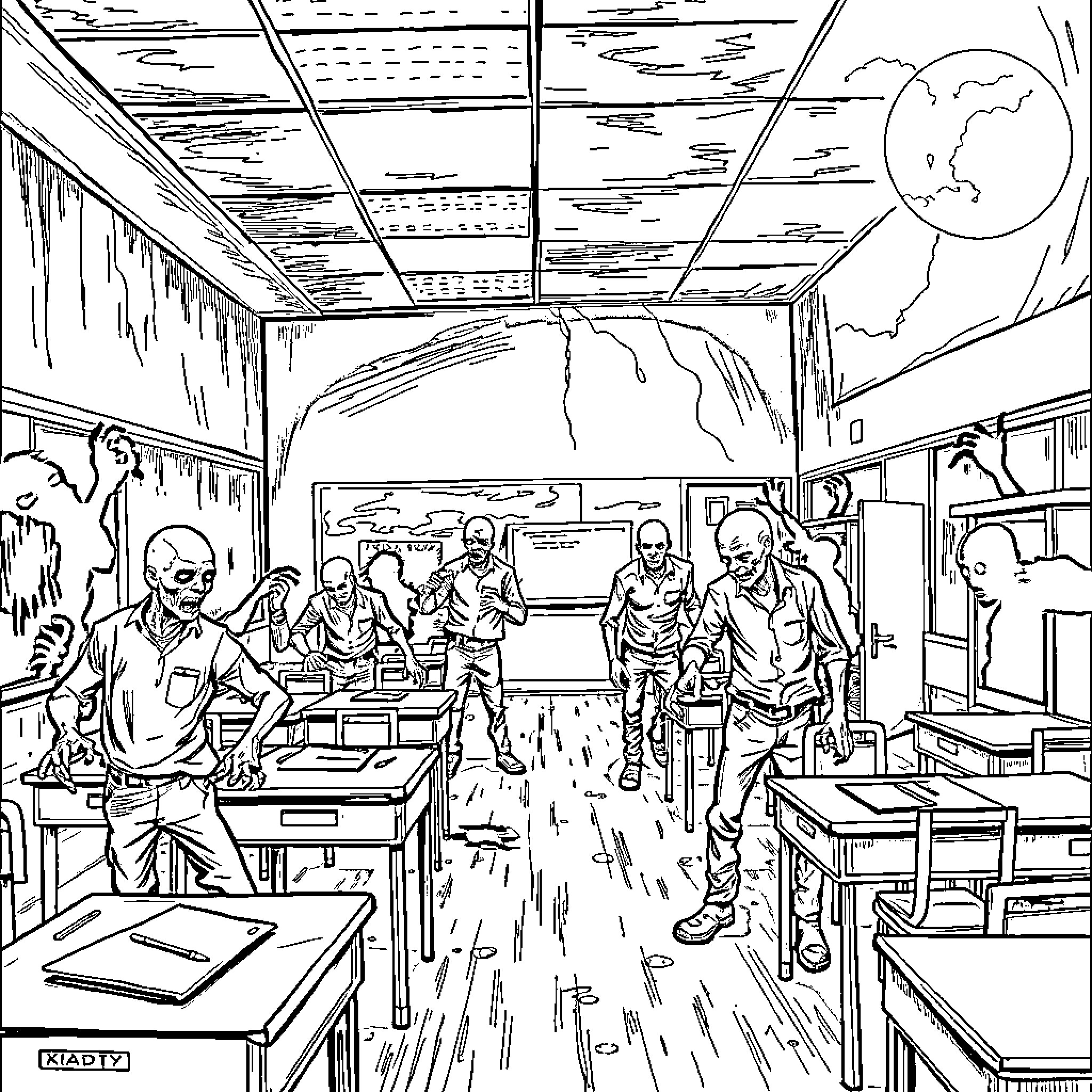 Zombie Outbreak in the Classroom Coloring Page (free black-and-white line drawing printable PDF for all, from beginners to advanced learners, including children, teens, adults, and seniors)