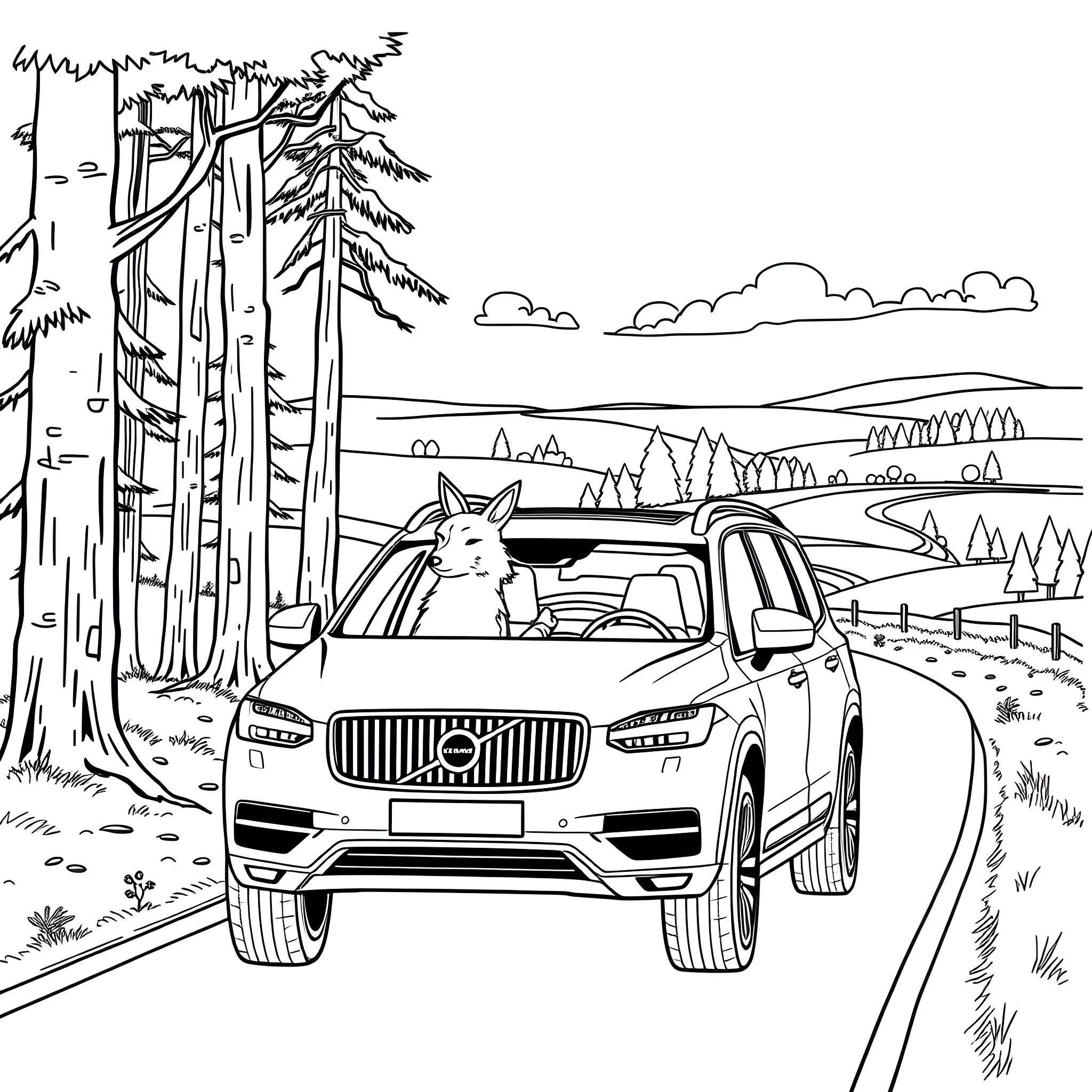 Fox driving through the scenic forest landscape Coloring Page (free black-and-white line drawing printable PDF for all, from beginners to advanced learners, including children, teens, adults, and seniors)