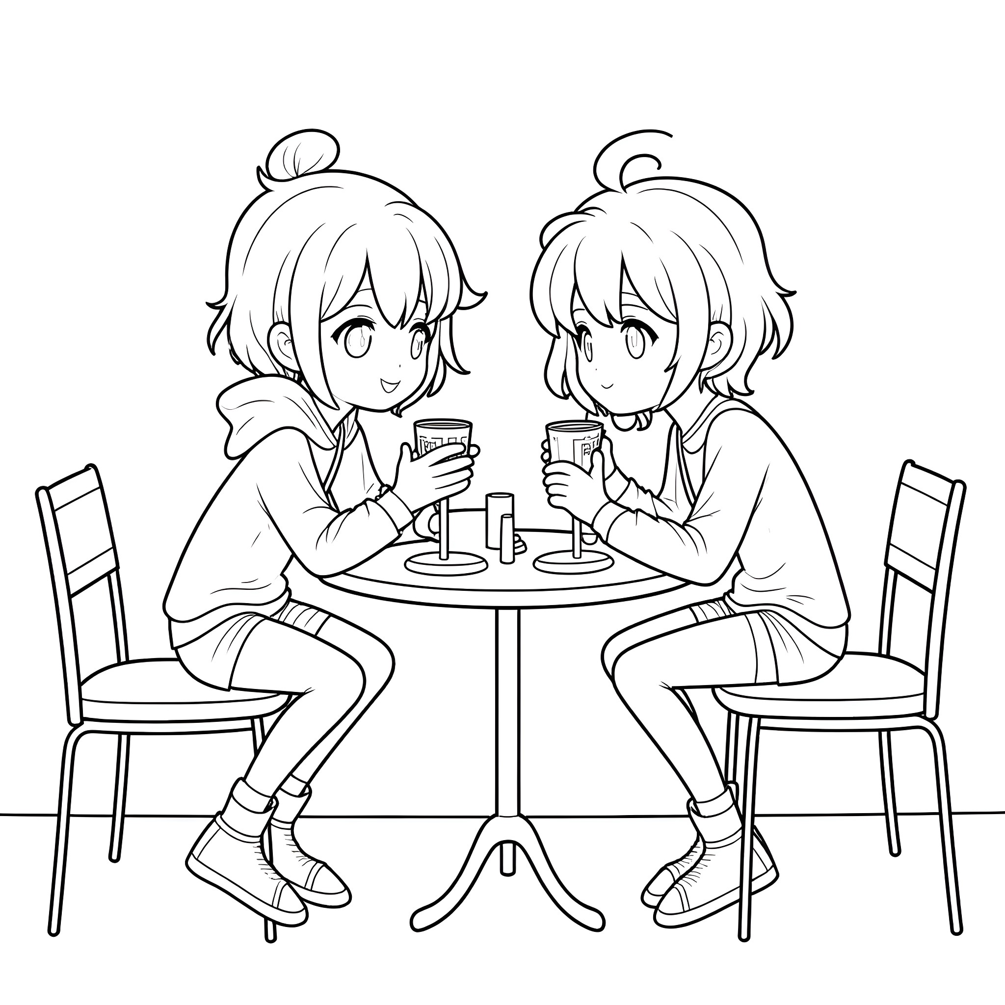 Deku sharing drinks with a friend Coloring Page (free black-and-white line drawing printable PDF for all, from beginners to advanced learners, including children, teens, adults, and seniors)